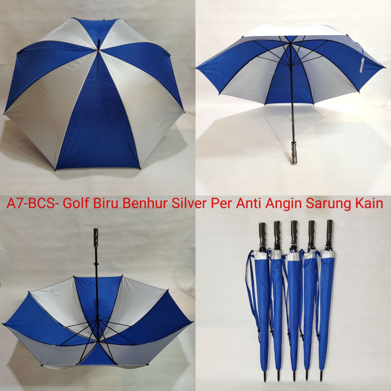 Payung Golf Jumbo Dewasa Sakura 8 Jari Polos Kombinasi Salur Biru Silver Extra Sarung