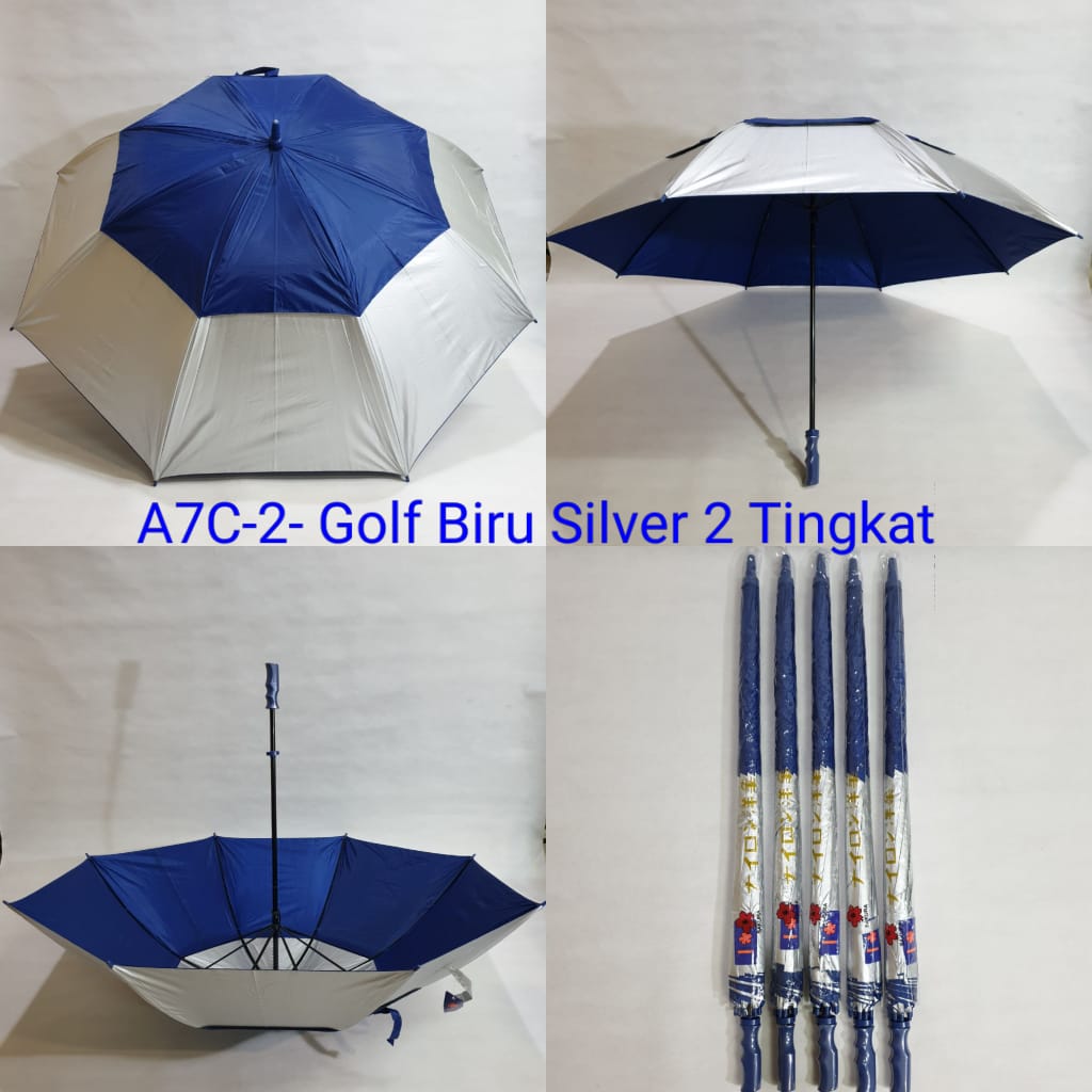 Payung Golf Jumbo Dewasa Sakura 8 Jari Polos Susun 2 Tingkat Biru Silver