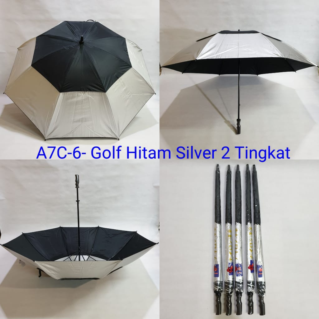 Payung Golf Jumbo Dewasa Sakura 8 Jari Polos Susun 2 Tingkat Hitam Silver