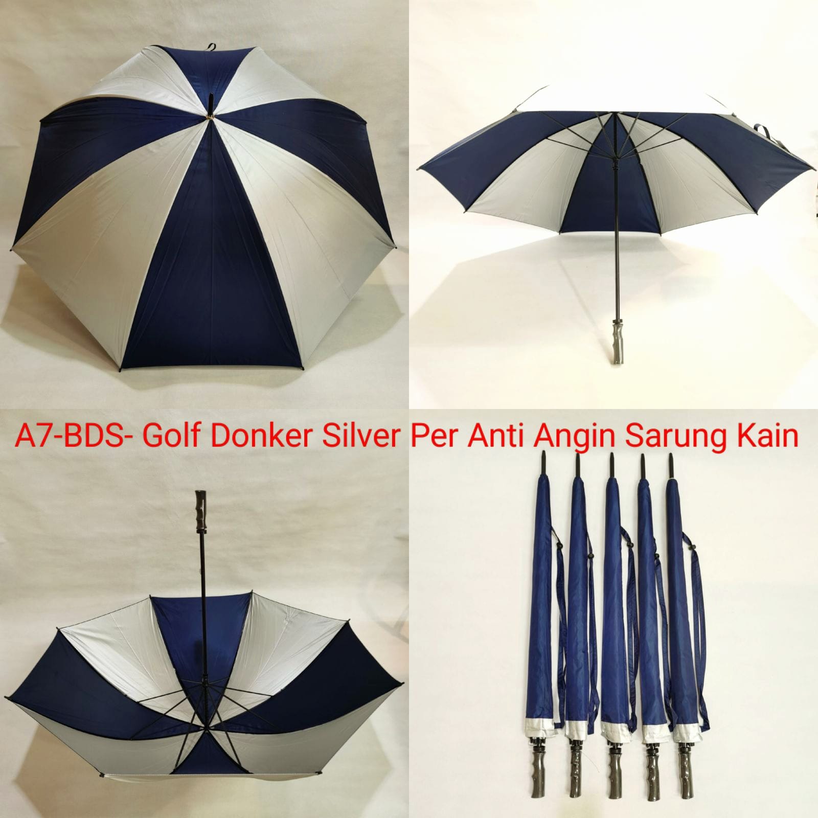 Payung Golf Jumbo Dewasa Sakura 8 Jari Polos Kombinasi Salur Navy Silver Extra Sarung