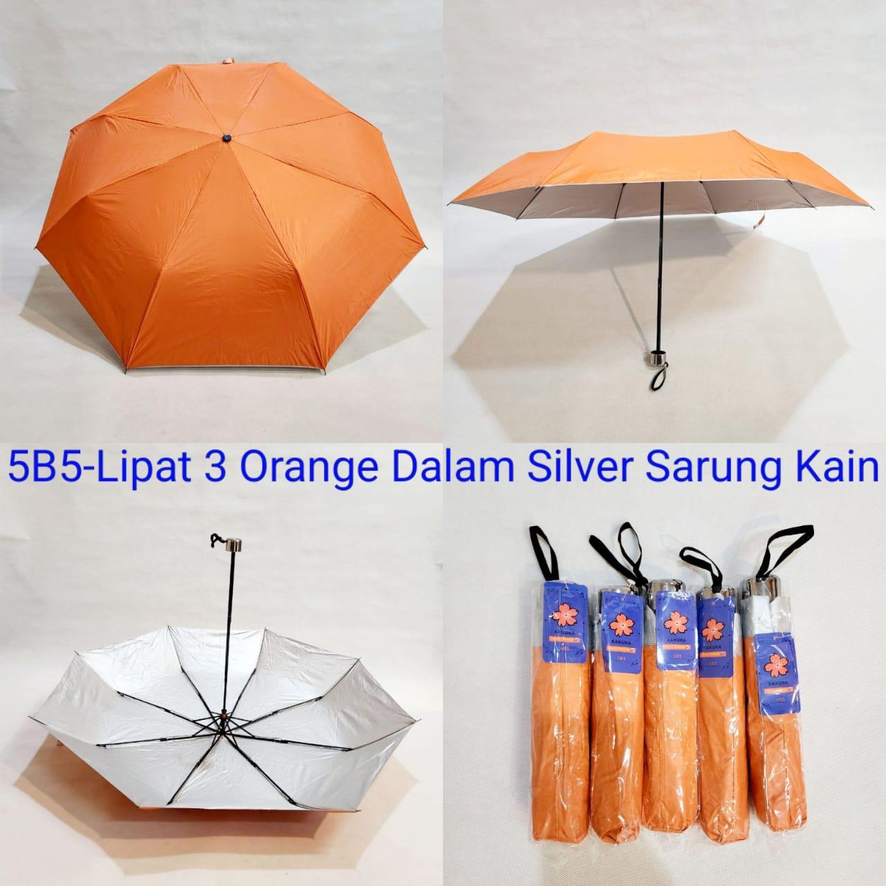 Payung Lipat 3 Dewasa Sakura 8 Jari Murah Polos Orange Lapis Silver Sarung Kain