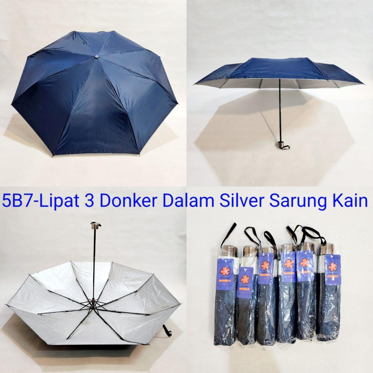 Payung Lipat 3 Dewasa Sakura 8 Jari Murah Polos Biru Dongker Lapis Silver Sarung Kain