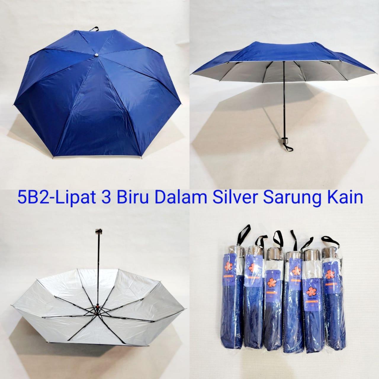 Payung Lipat 3 Dewasa Sakura 8 Jari Murah Polos Biru Lapis Silver Sarung Kain