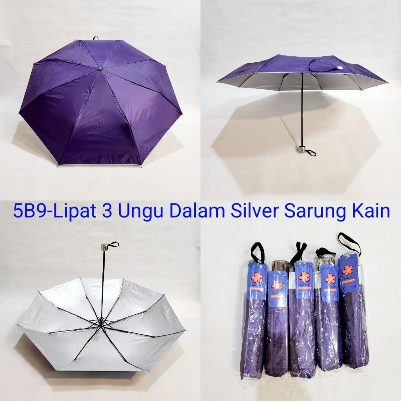 Payung Lipat 3 Dewasa Sakura 8 Jari Murah Polos Ungu Lapis Silver Sarung Kain