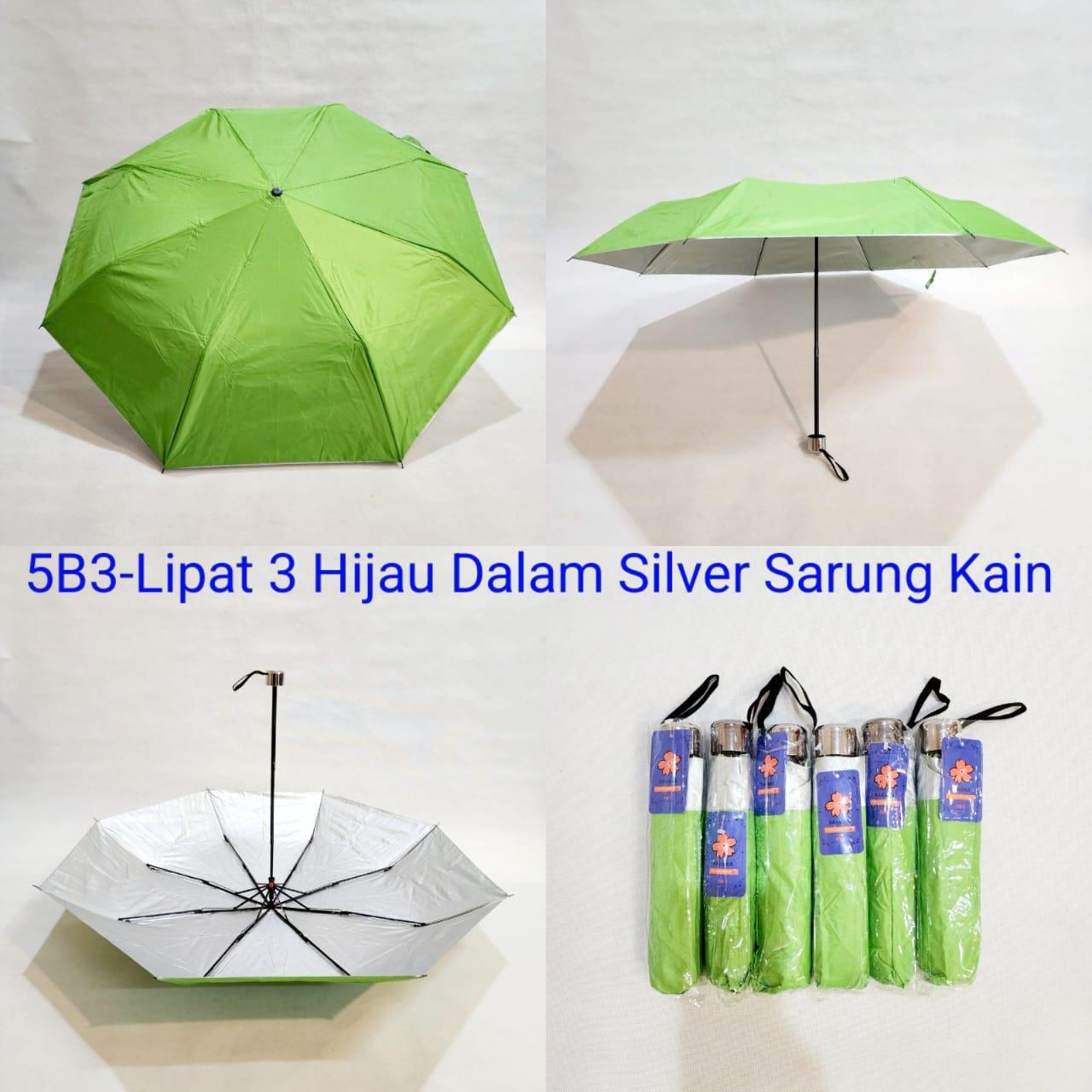 Payung Lipat 3 Dewasa Sakura 8 Jari Murah Polos Hijau Lapis Silver Sarung Kain