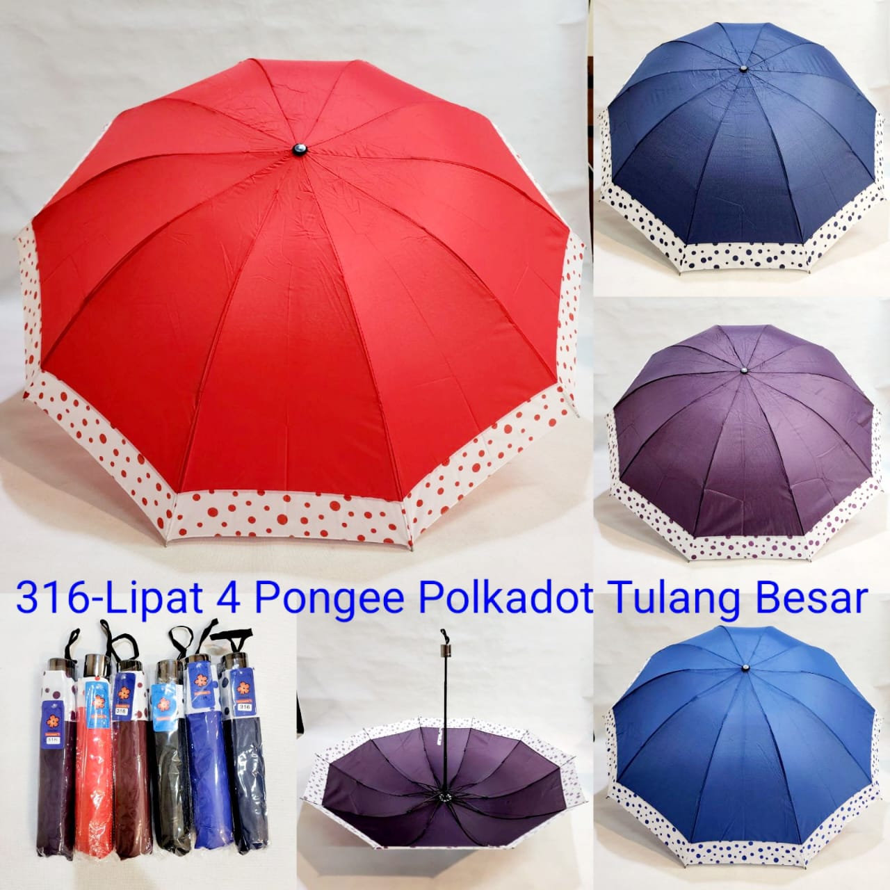 Payung Lipat 3 Jumbo Dewasa Sakura 10 Jari Polos Lis Polkadot