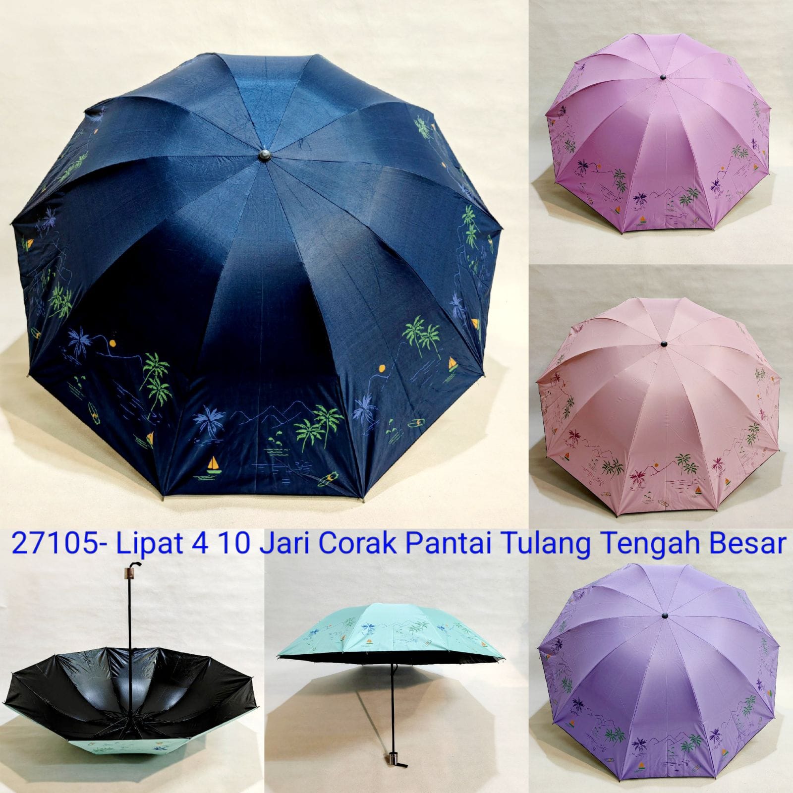Payung Lipat 3 Jumbo Dewasa Sakura 10 Jari Motif Pantai Lapis Hitam