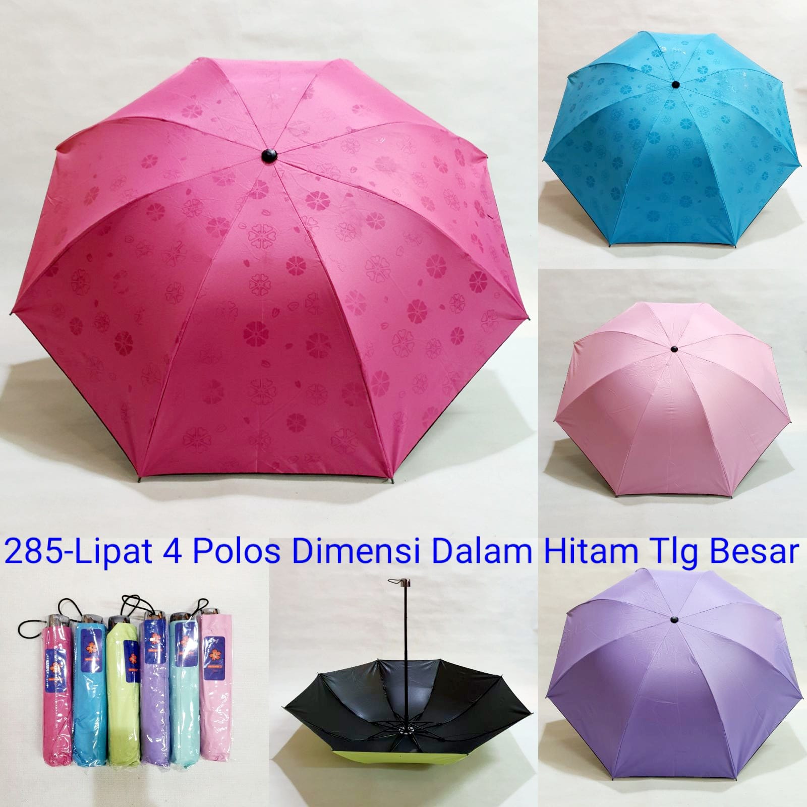 Payung Lipat 3 Dewasa Sakura 8 Jari Dimensi Batang Besar Polos Lapis Hitam