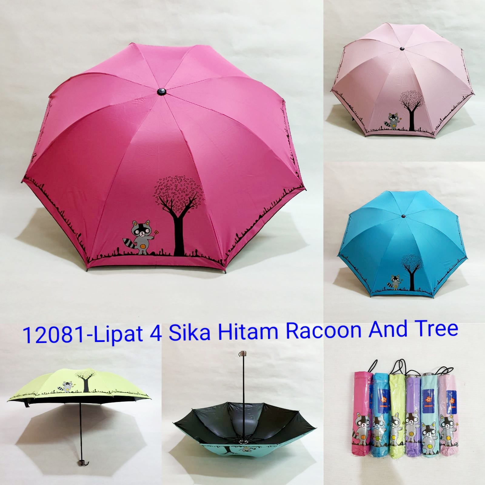 Payung Lipat 3 Dewasa Sakura 8 Jari Motif Racoon Lapis Hitam