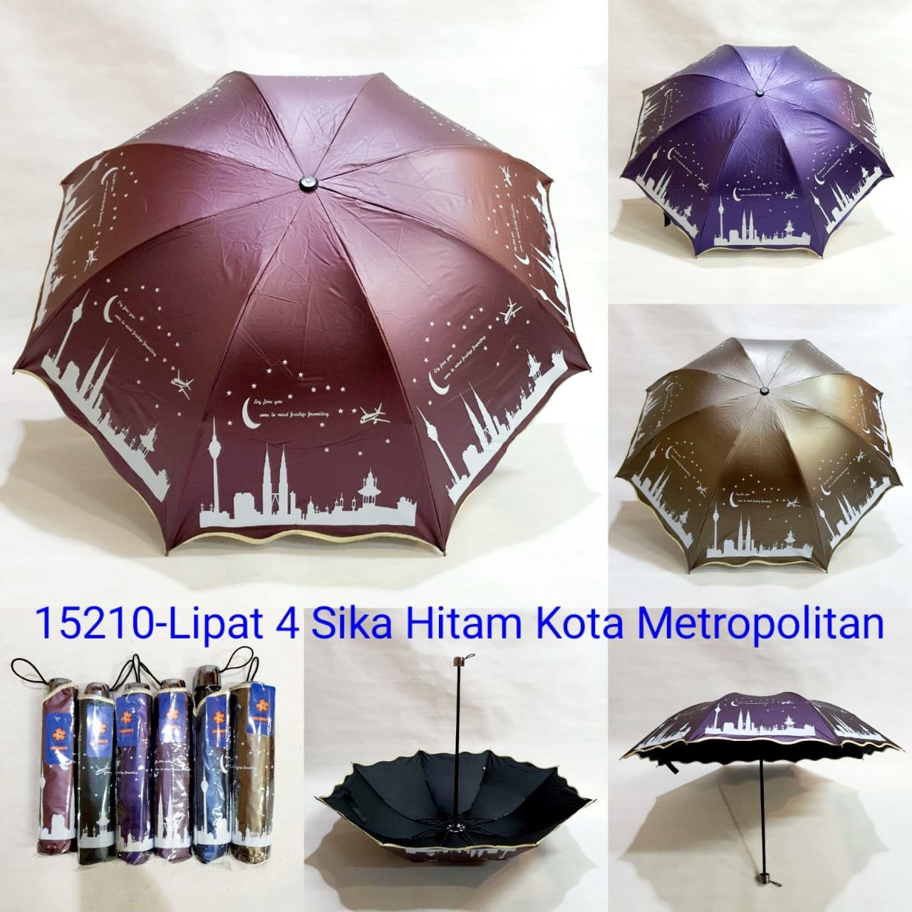 Payung Lipat 3 Dewasa Sakura 8 Jari Motif Kota Lapis Hitam