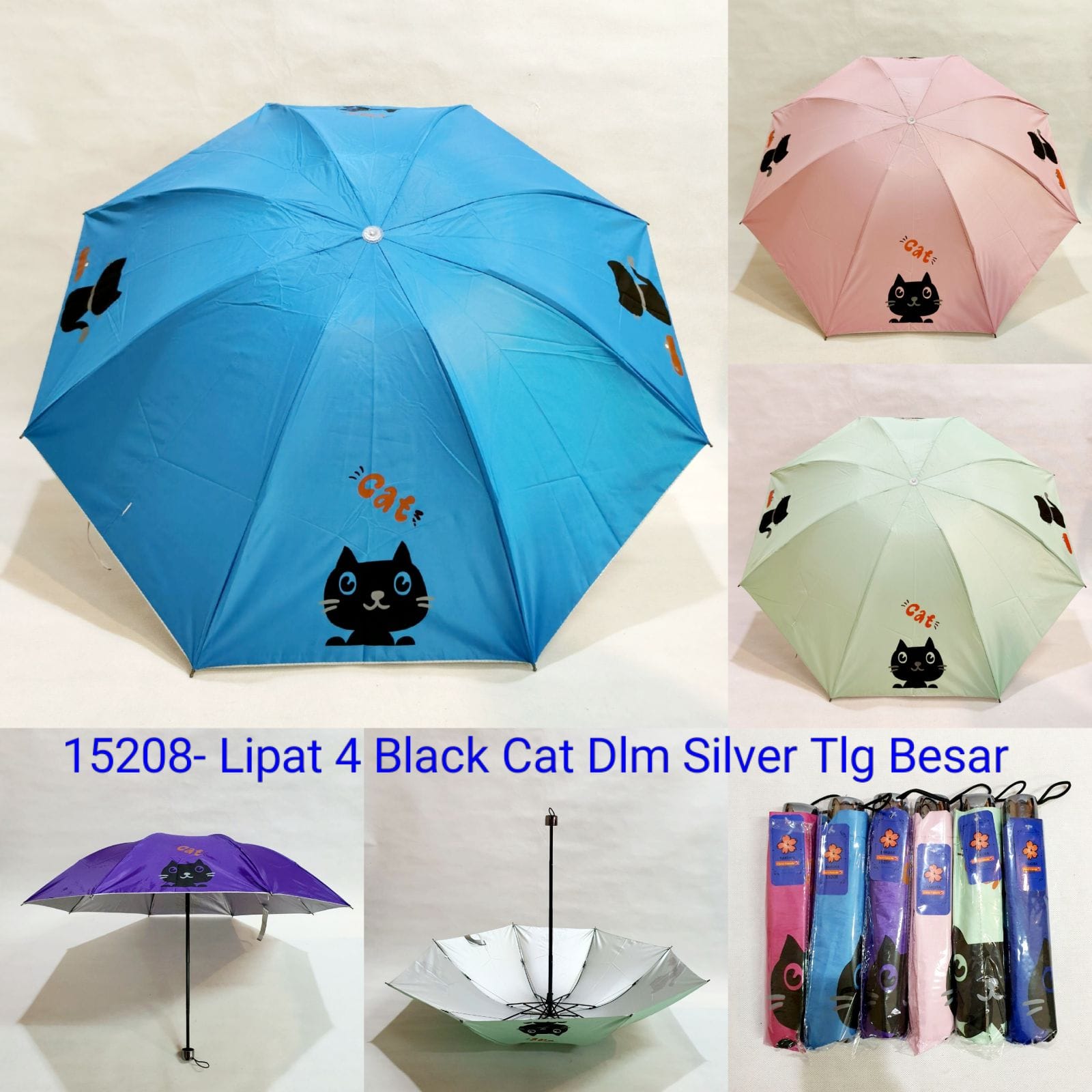 Payung Lipat 3 Dewasa Sakura 8 Jari Motif Kucing Hitam