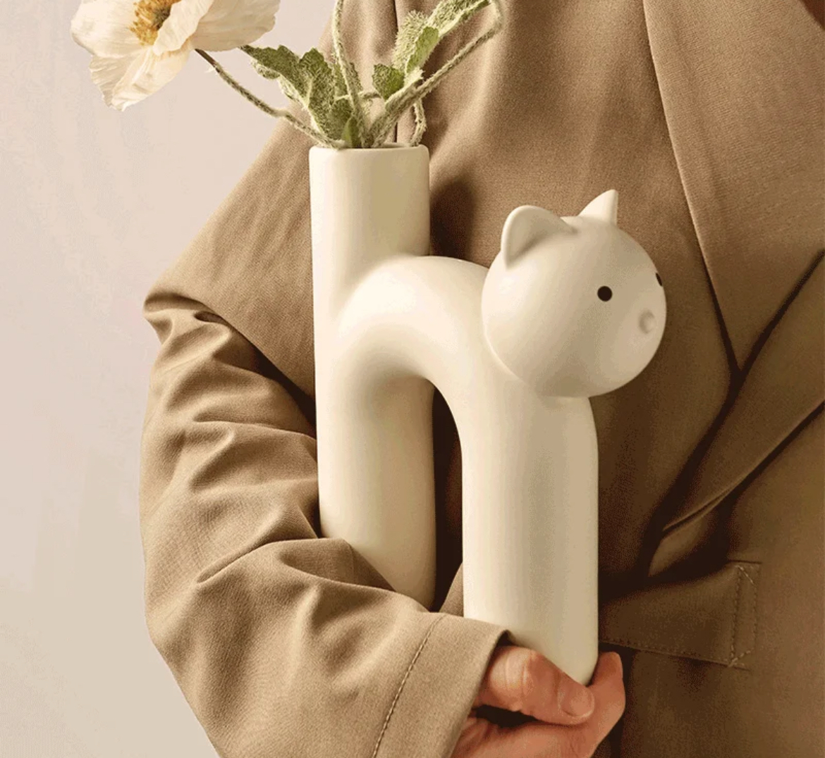 Tabular Cat Flower Vase – Vanilla Ice | Decorative Porcelain Cat-Shaped Vase for Home & Office by Artecasa