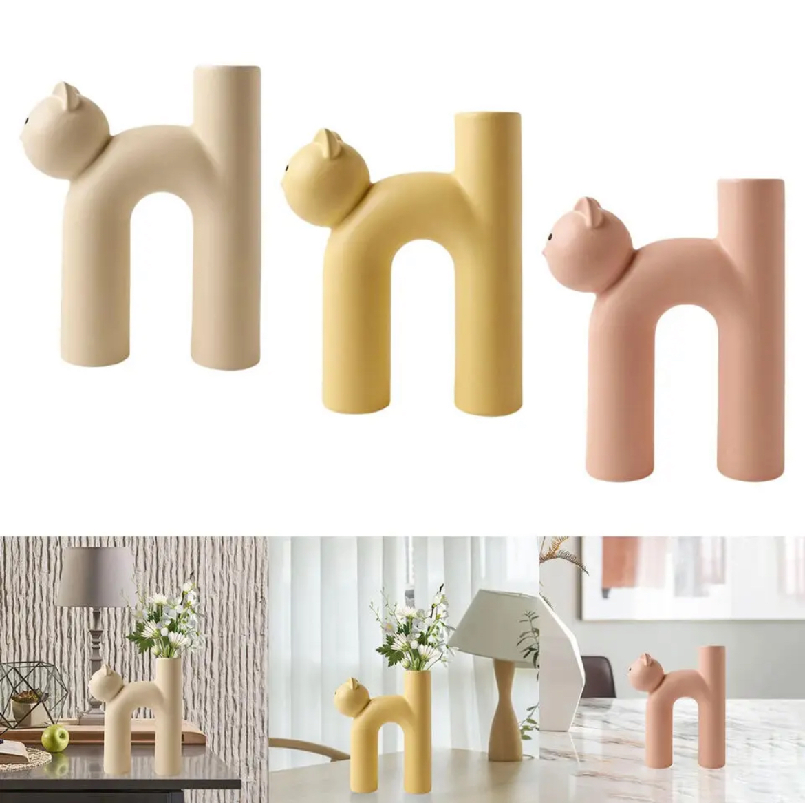 Tabular Cat Flower Vase – Vanilla Ice | Decorative Porcelain Cat-Shaped Vase for Home & Office by Artecasa