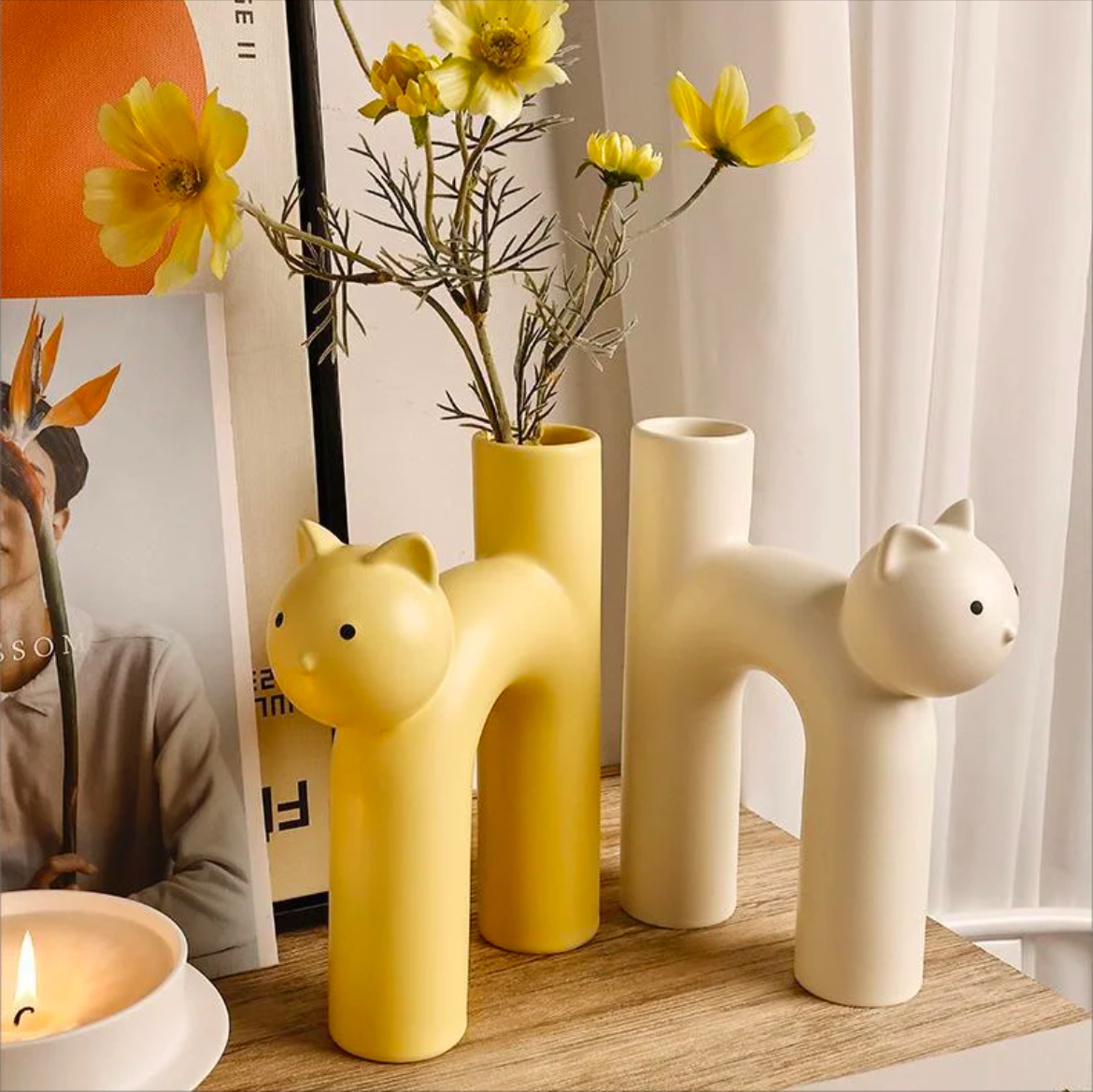 Tabular Cat Flower Vase – Vanilla Ice | Decorative Porcelain Cat-Shaped Vase for Home & Office by Artecasa