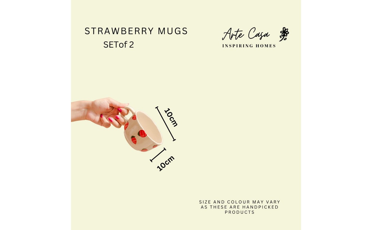 Strawberry Delight Ceramic Mug Set – Set of 2 Off-White Coffee Cups by Artecasa | Fruit-Themed Tea Mugs for Home & Gifting