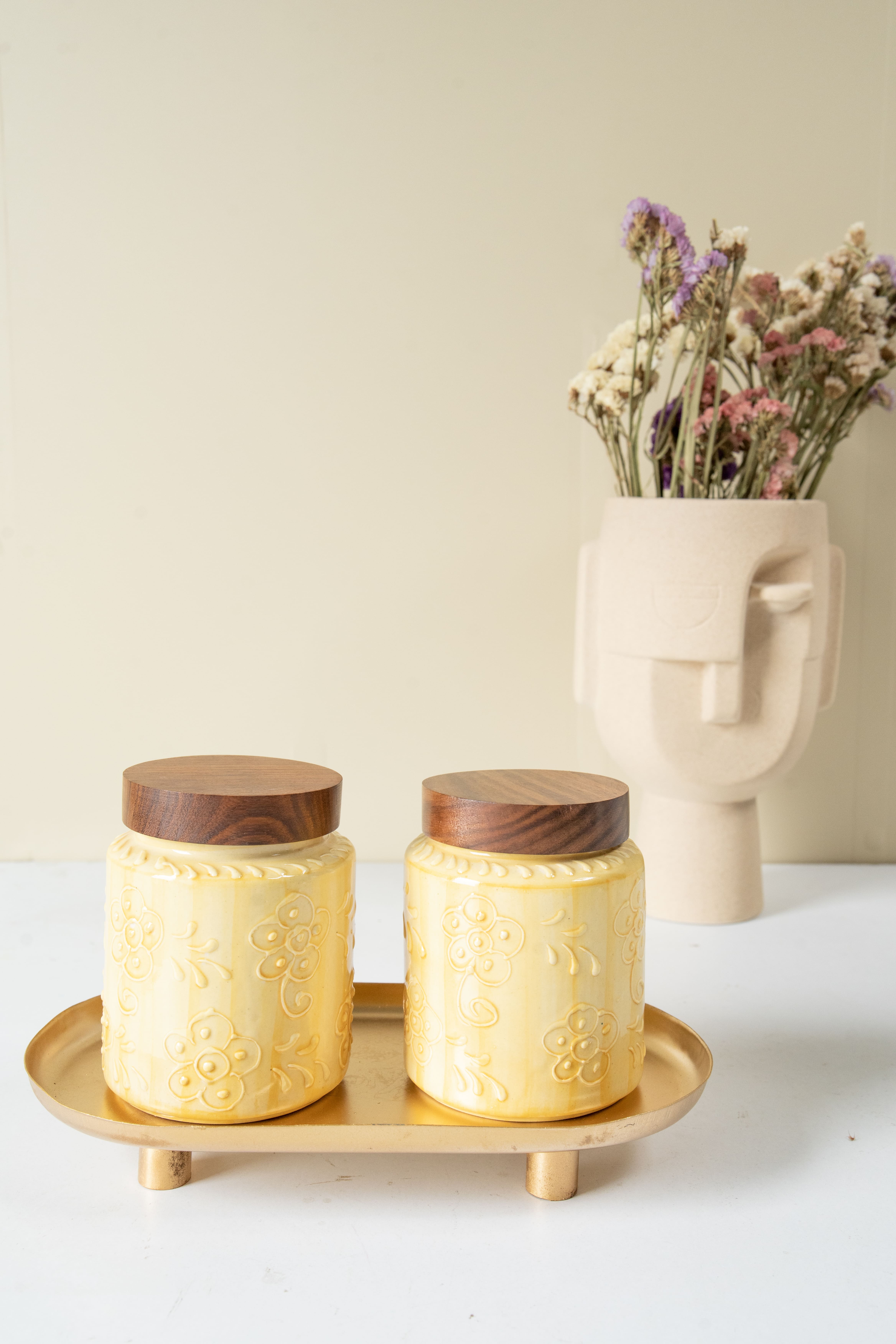 Ceramic Jar Set with Wooden Lids Set of 2