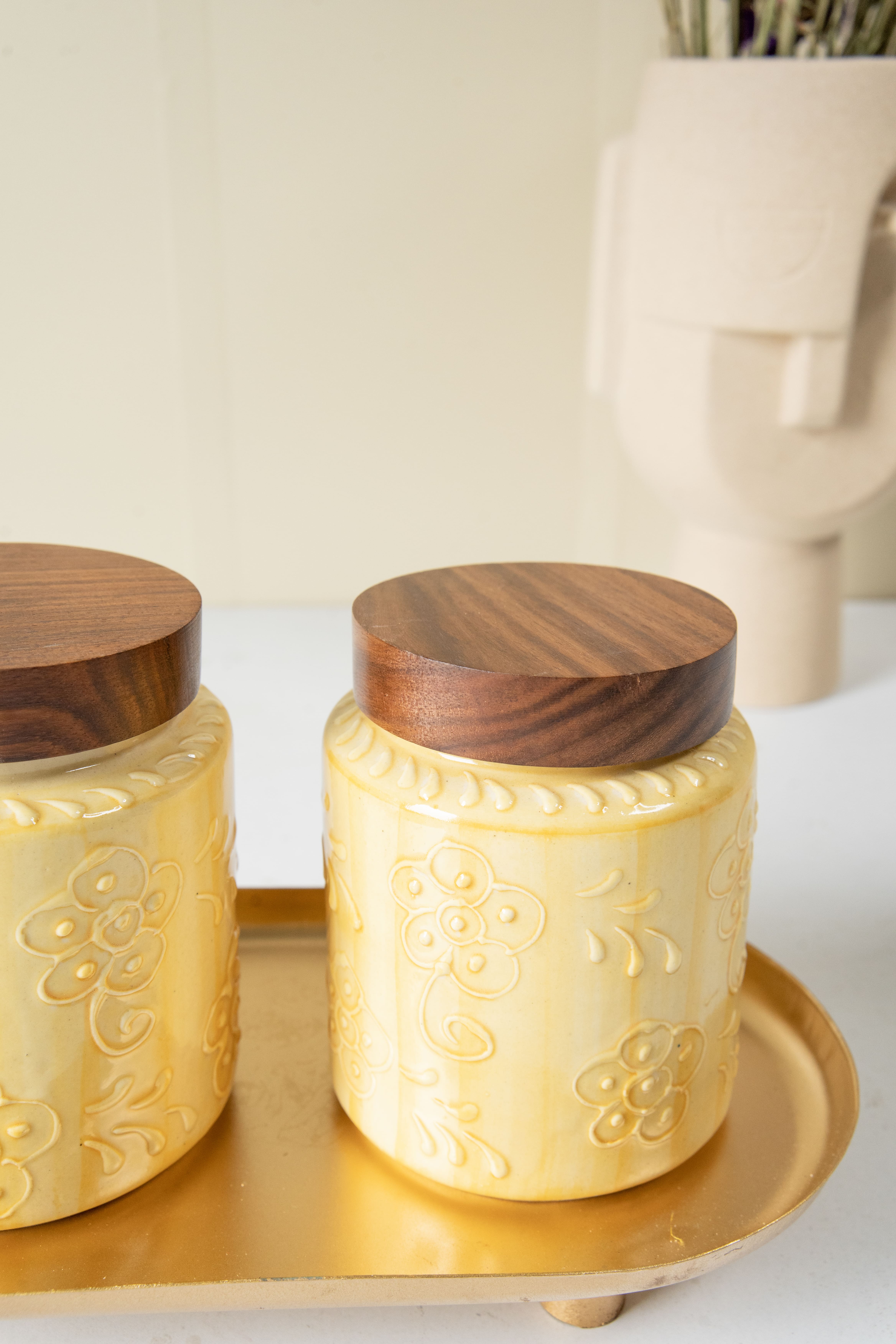 Ceramic Jar Set with Wooden Lids Set of 2