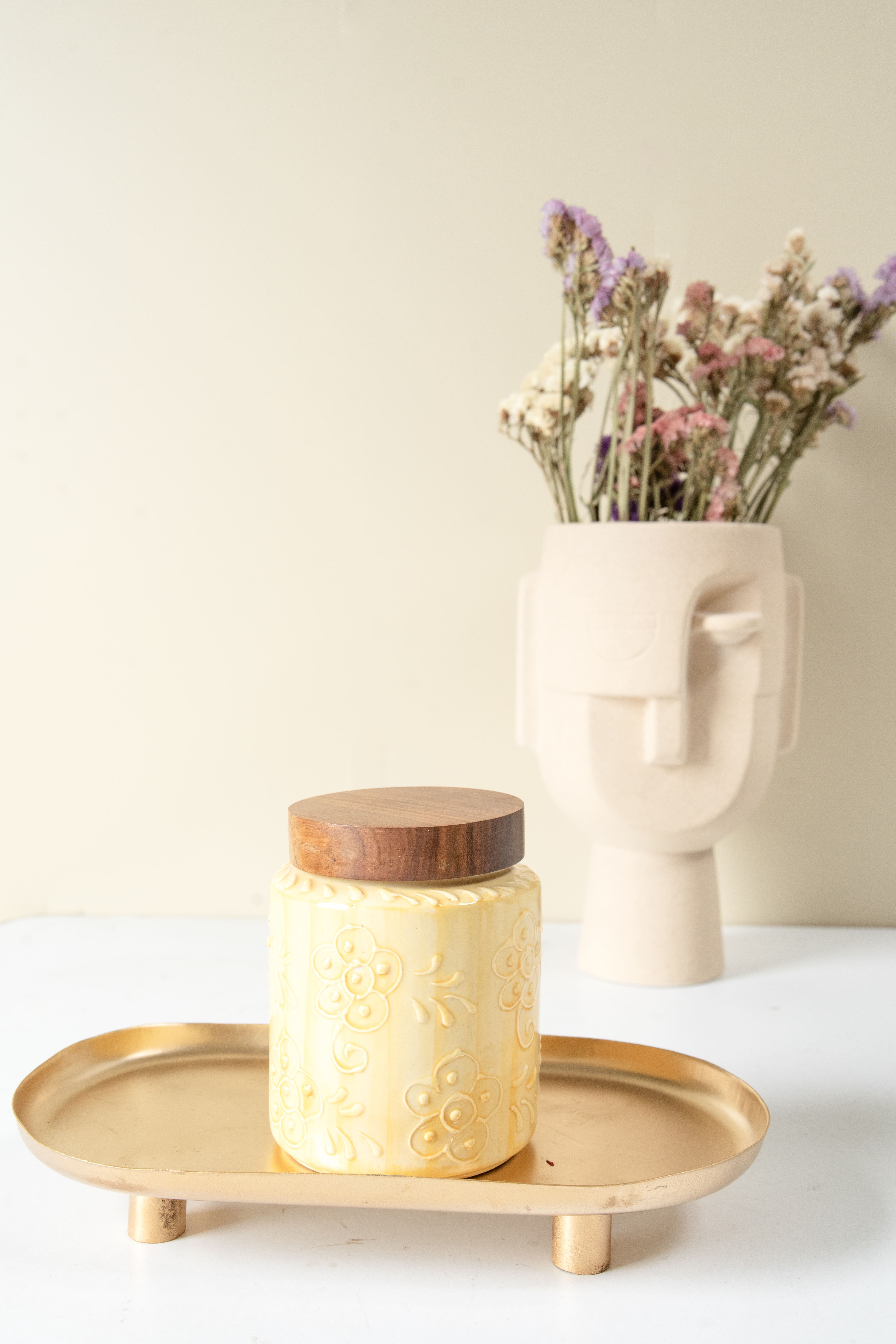 Ceramic Jar Set with Wooden Lids Set of 2