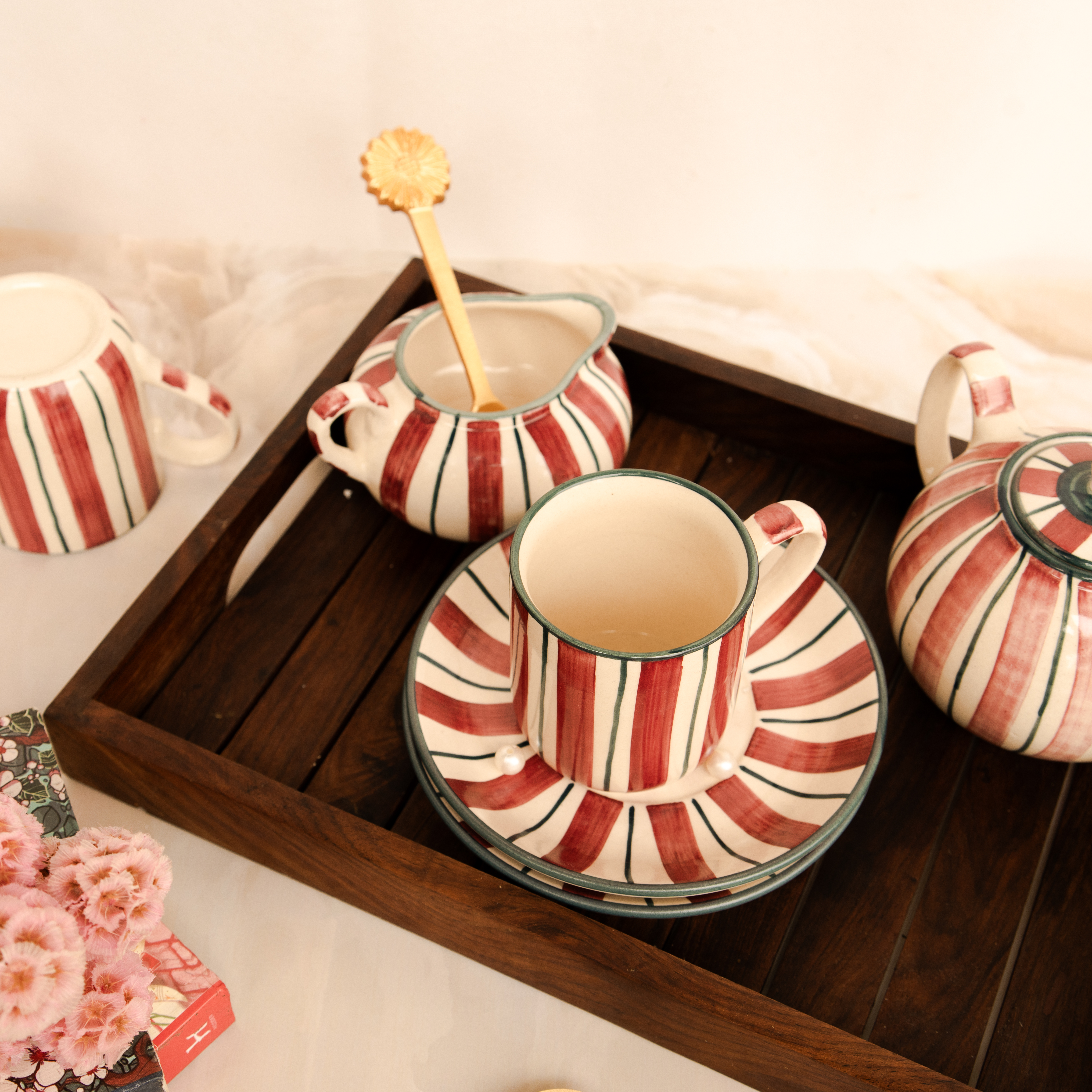Crimson Stripes Ceramic Tea Set by ArteCasa – 9-Piece Handcrafted Set with Kettle, Sugar Pot, Milk Pot, and 4 Cup & Saucer Sets