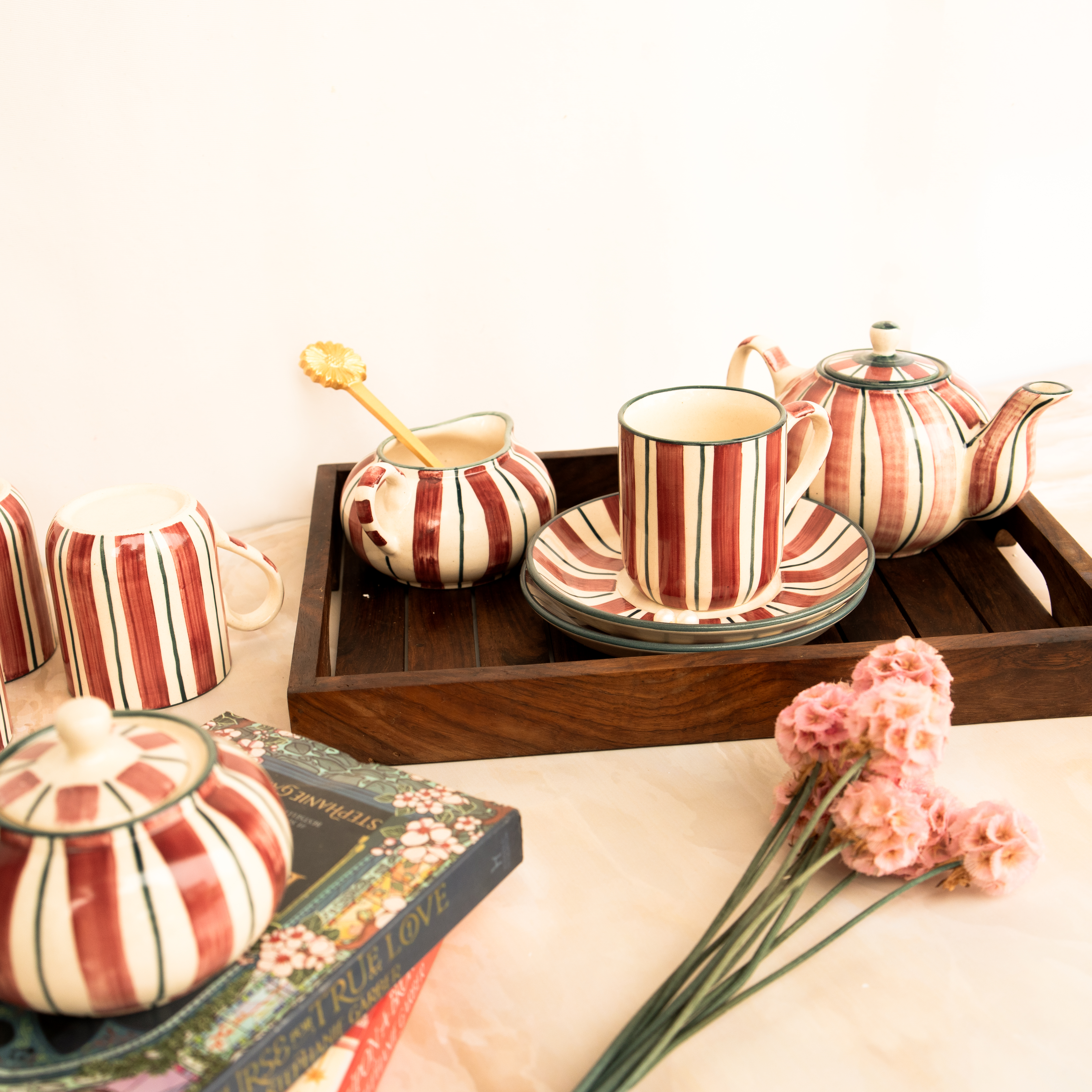 Crimson Stripes Ceramic Tea Set by ArteCasa – 9-Piece Handcrafted Set with Kettle, Sugar Pot, Milk Pot, and 4 Cup & Saucer Sets