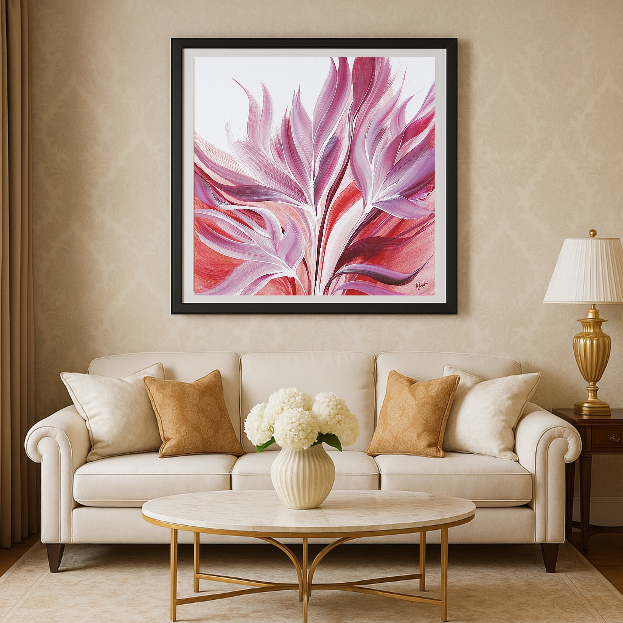 Sway in Scarlet – Hand-Painted Red & Rose Acrylic Canvas | 24"x24" | By Khushi Dhawan Arts | GetReady Decors