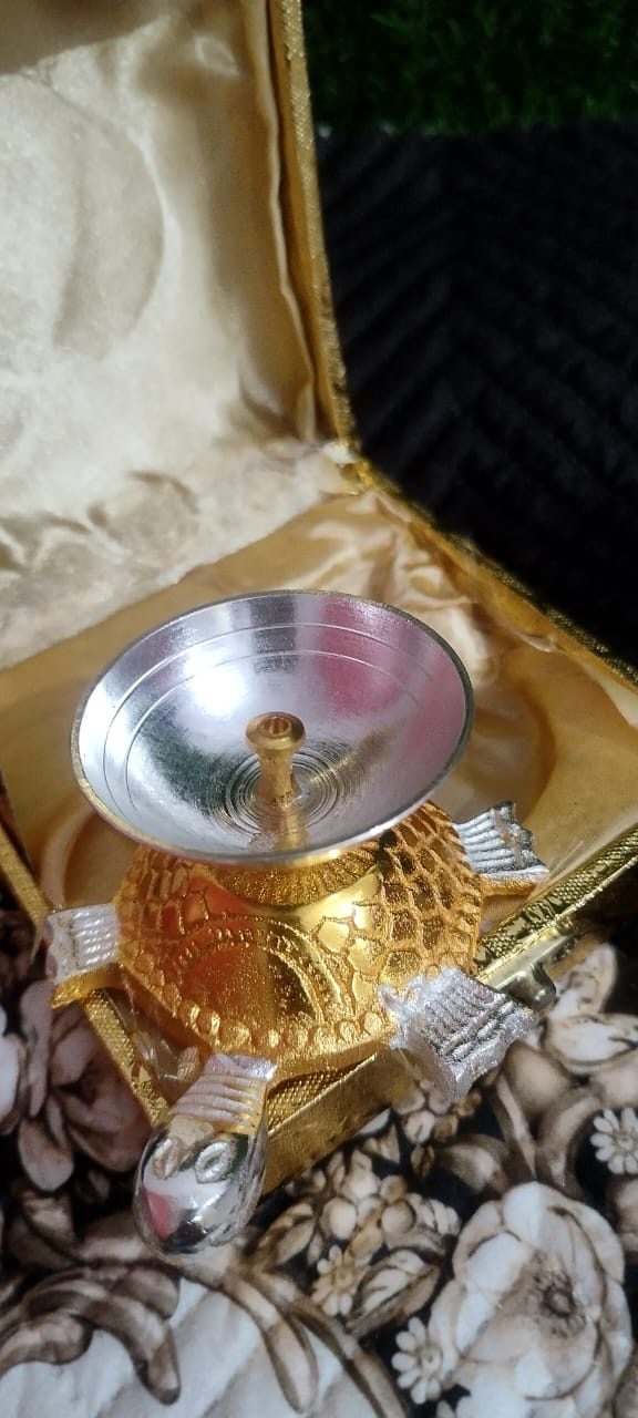 German Silver Turtle Diya in Golden Gift Box – Elegant Vastu & Festive Decor Piece
