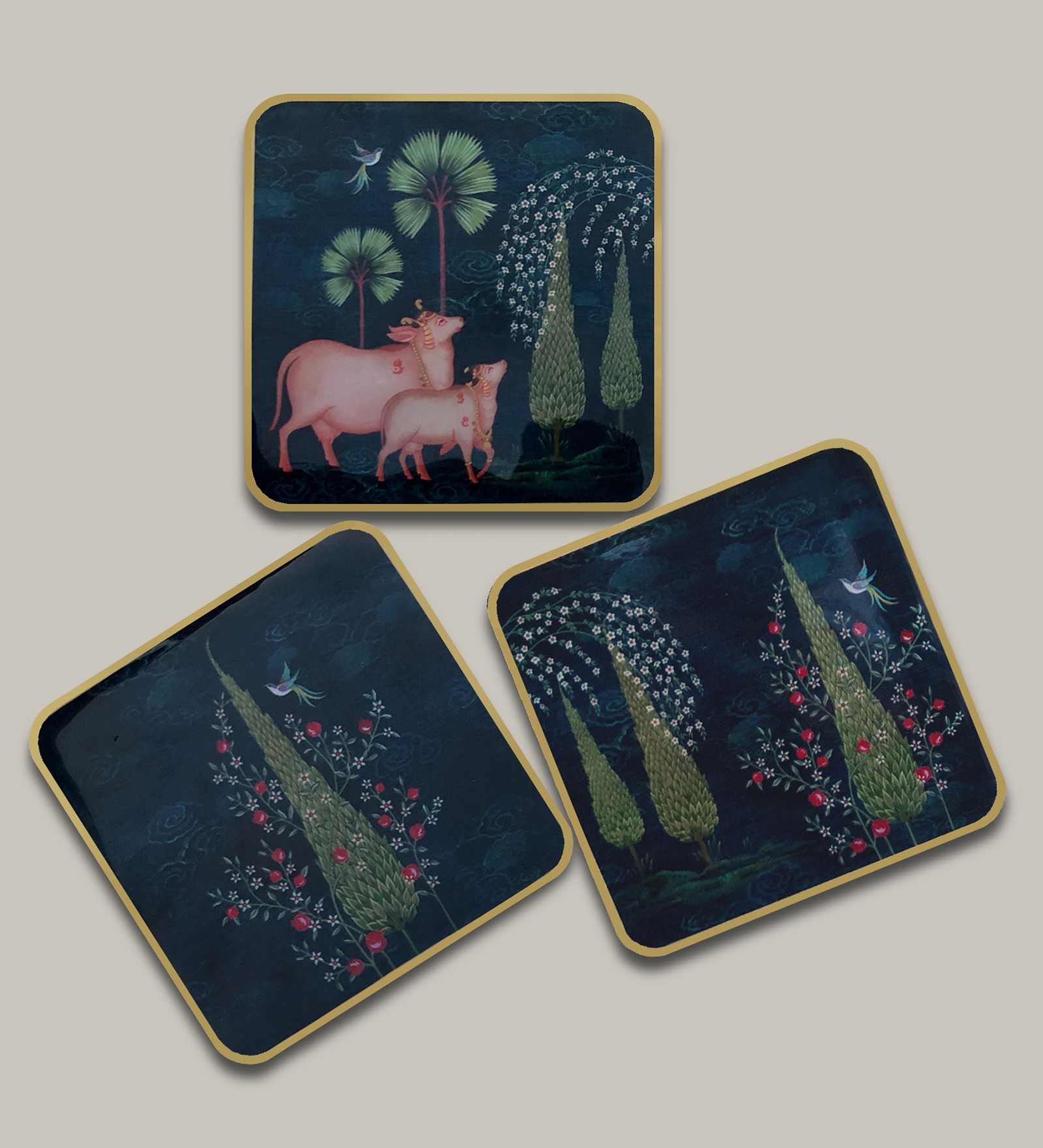 Pichwai Wooden Coaster Set - Blue Floral MDF Coasters (Set of 6)