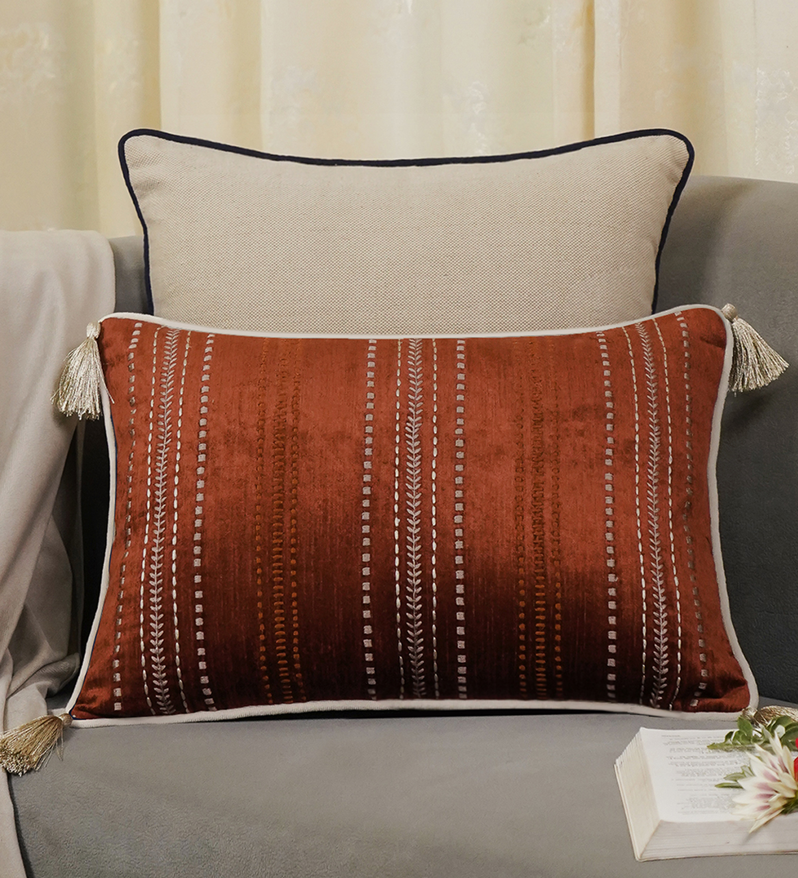 Joy Stitches Embroidery Slim Cushion – Luxury Velvet Decorative Pillow Cover