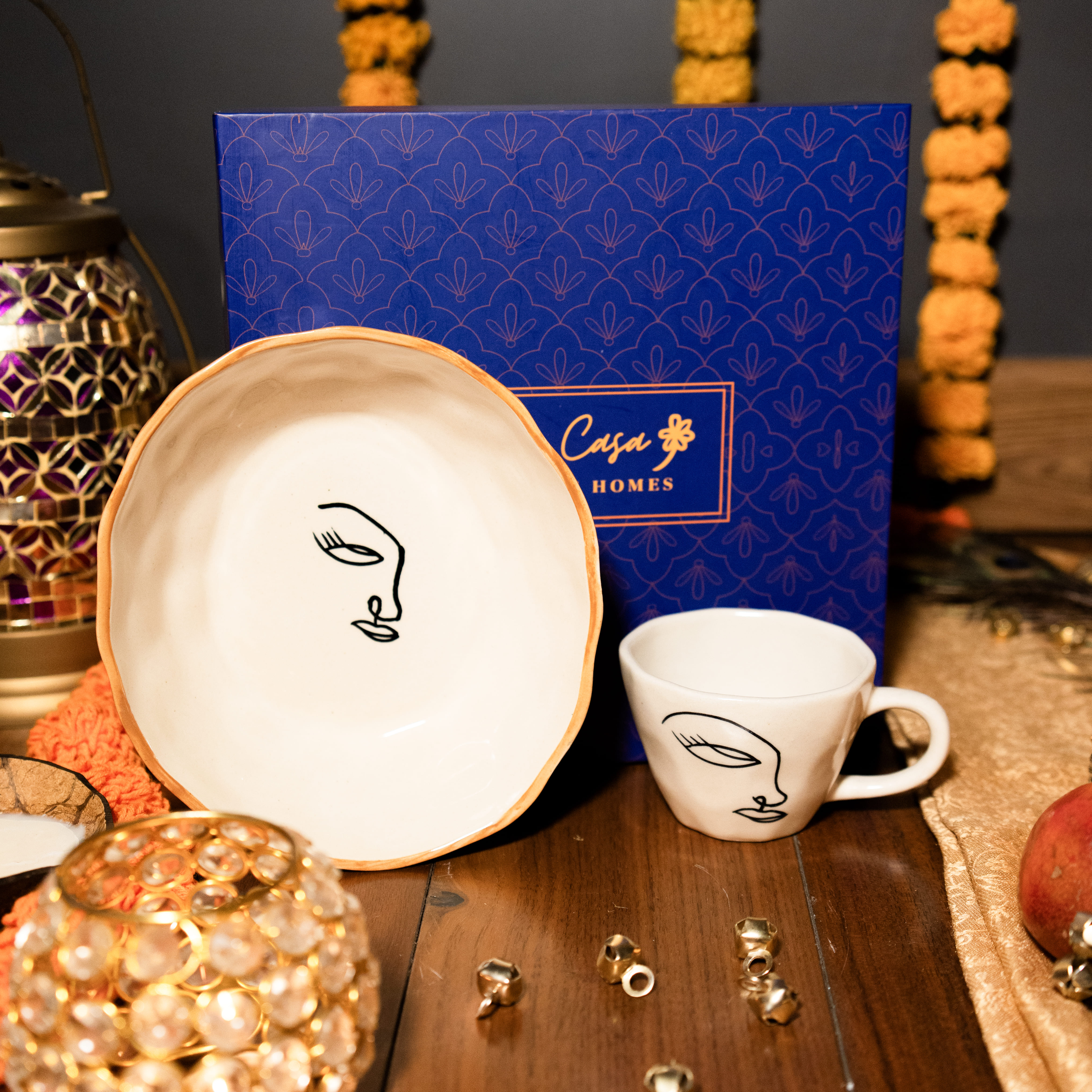 Arte Casa Abstract Harmony Diwali Gift Box - Bowl, Tea Cup, Subh Labh Hanging & Ferrero Rocher | Luxury Festival Gift