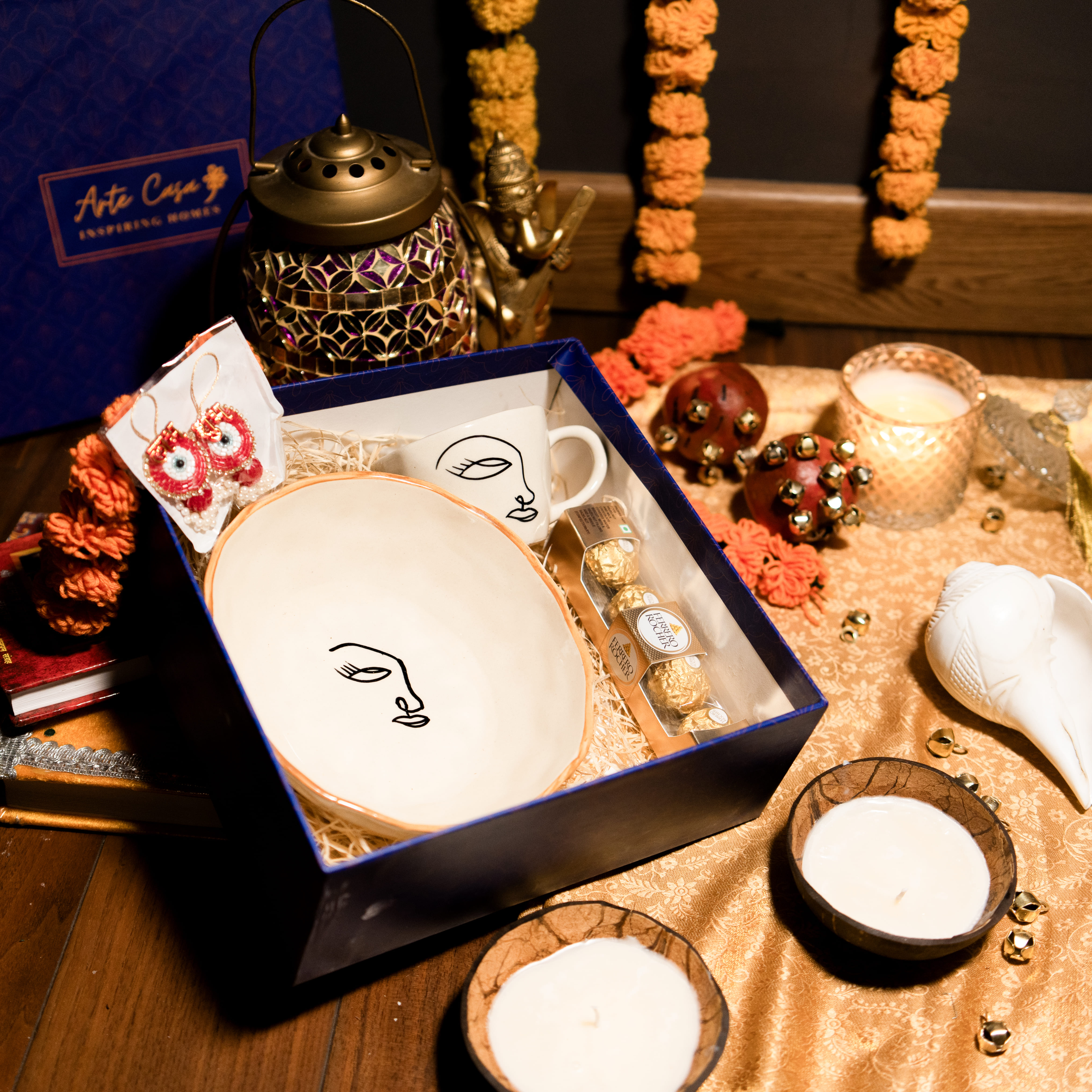 Arte Casa Abstract Harmony Diwali Gift Box - Bowl, Tea Cup, Subh Labh Hanging & Ferrero Rocher | Luxury Festival Gift
