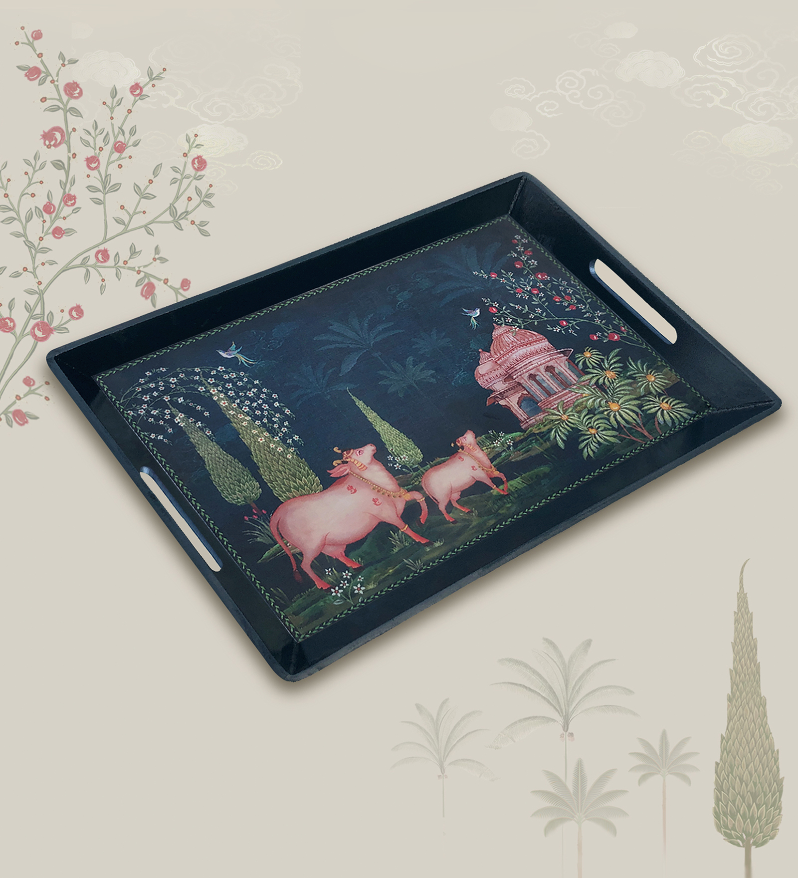 Preetier Pichwai Wooden Serving Tray – 40 x 29 cm