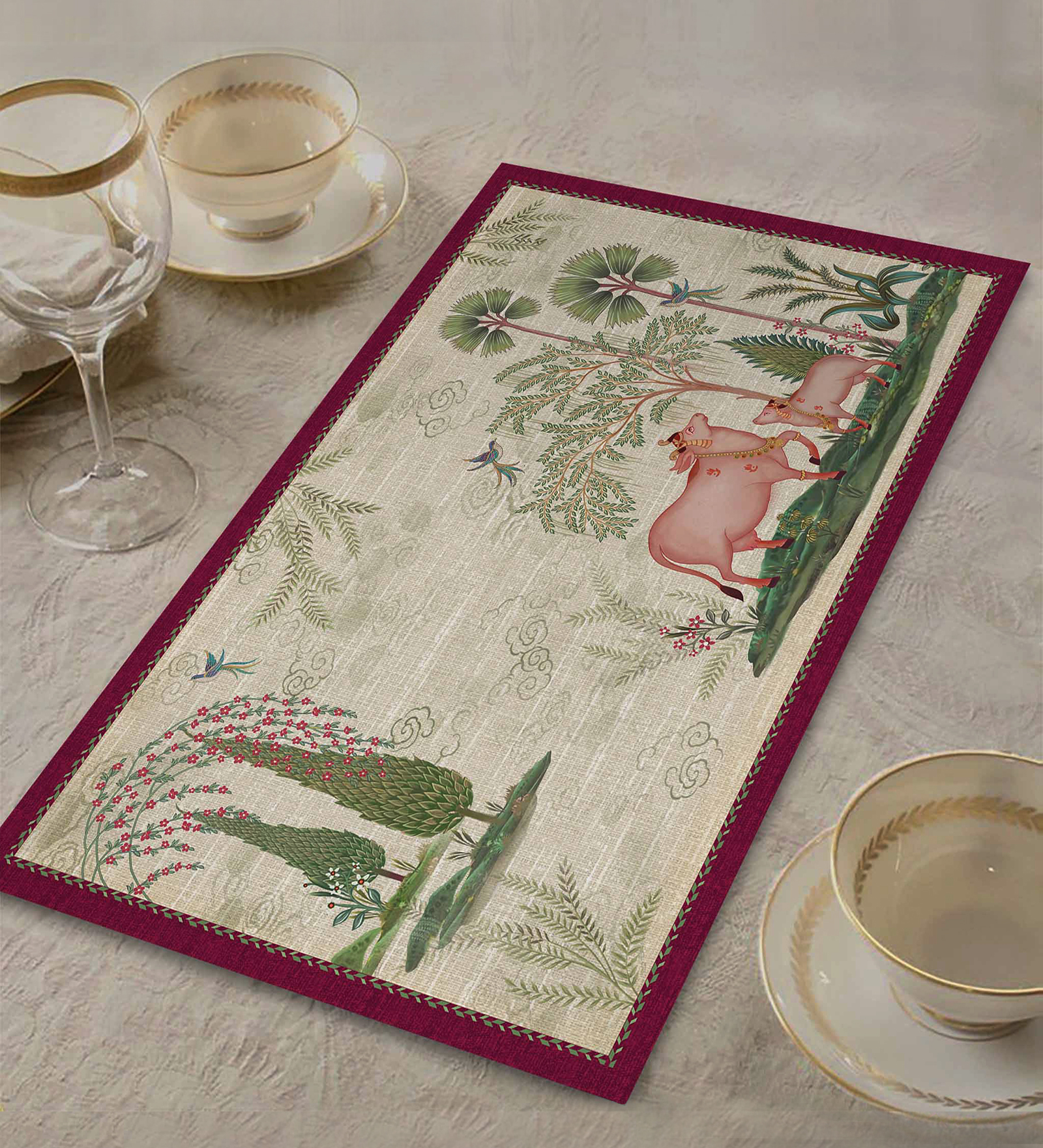 Pichwai Nathdwara Velvet Table Mat - Beige Floral Design (Set of 2)