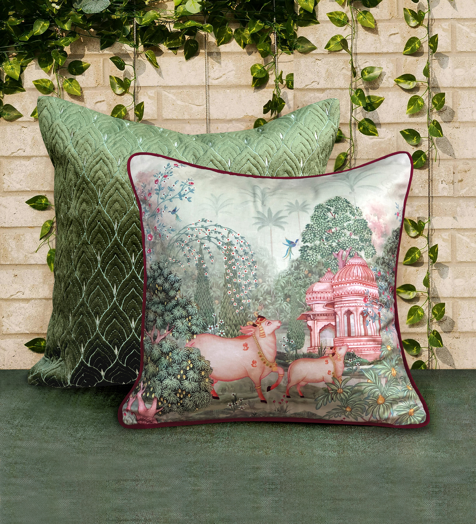 Preetier Pichwai Velvet Cushion Cover – Beige (16x16 Inch)