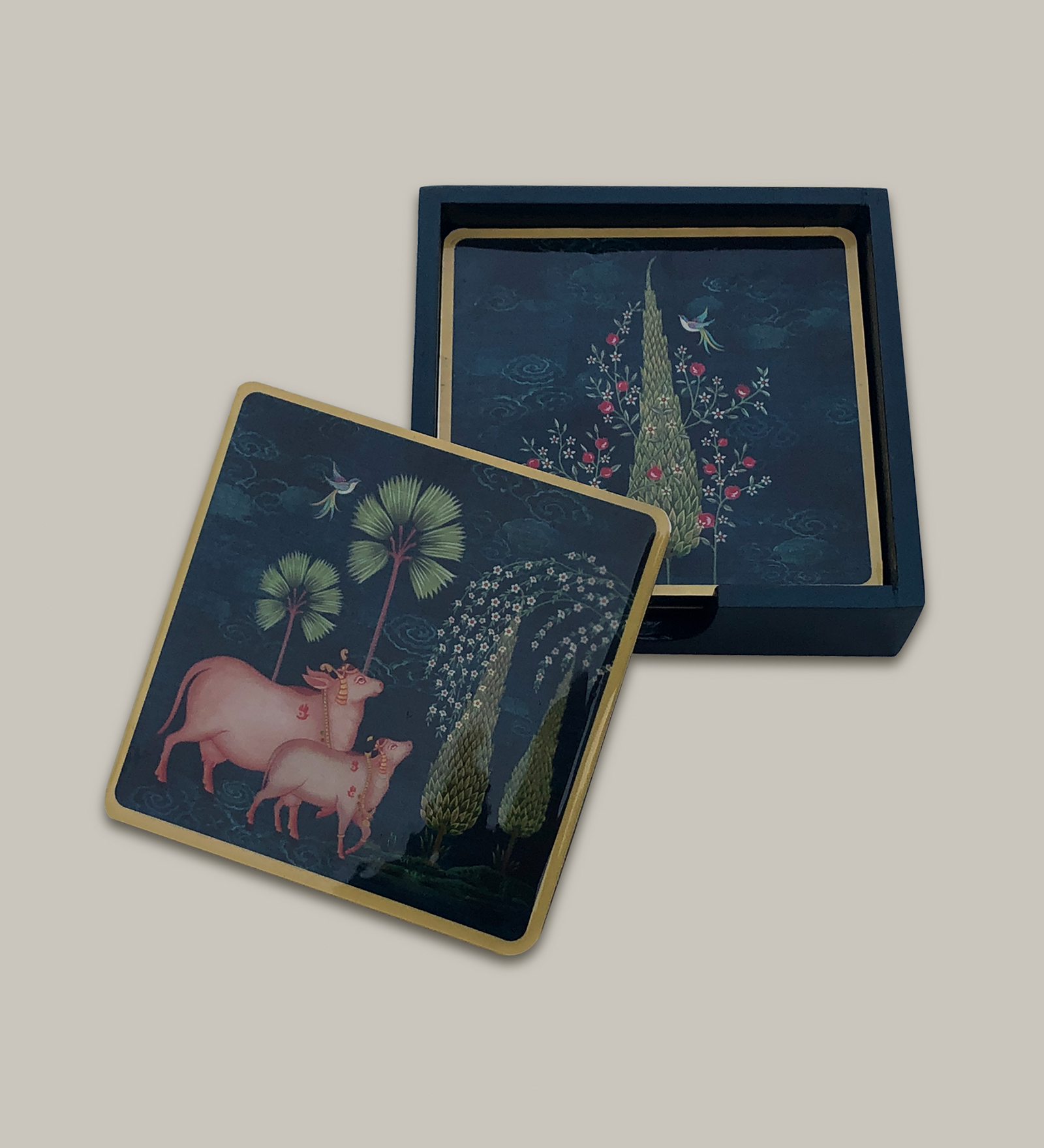 Pichwai Wooden Coaster Set - Blue Floral MDF Coasters (Set of 6)