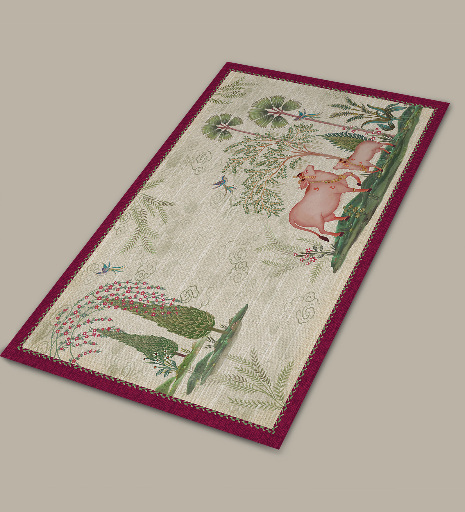 Pichwai Nathdwara Velvet Table Mat - Beige Floral Design (Set of 2)