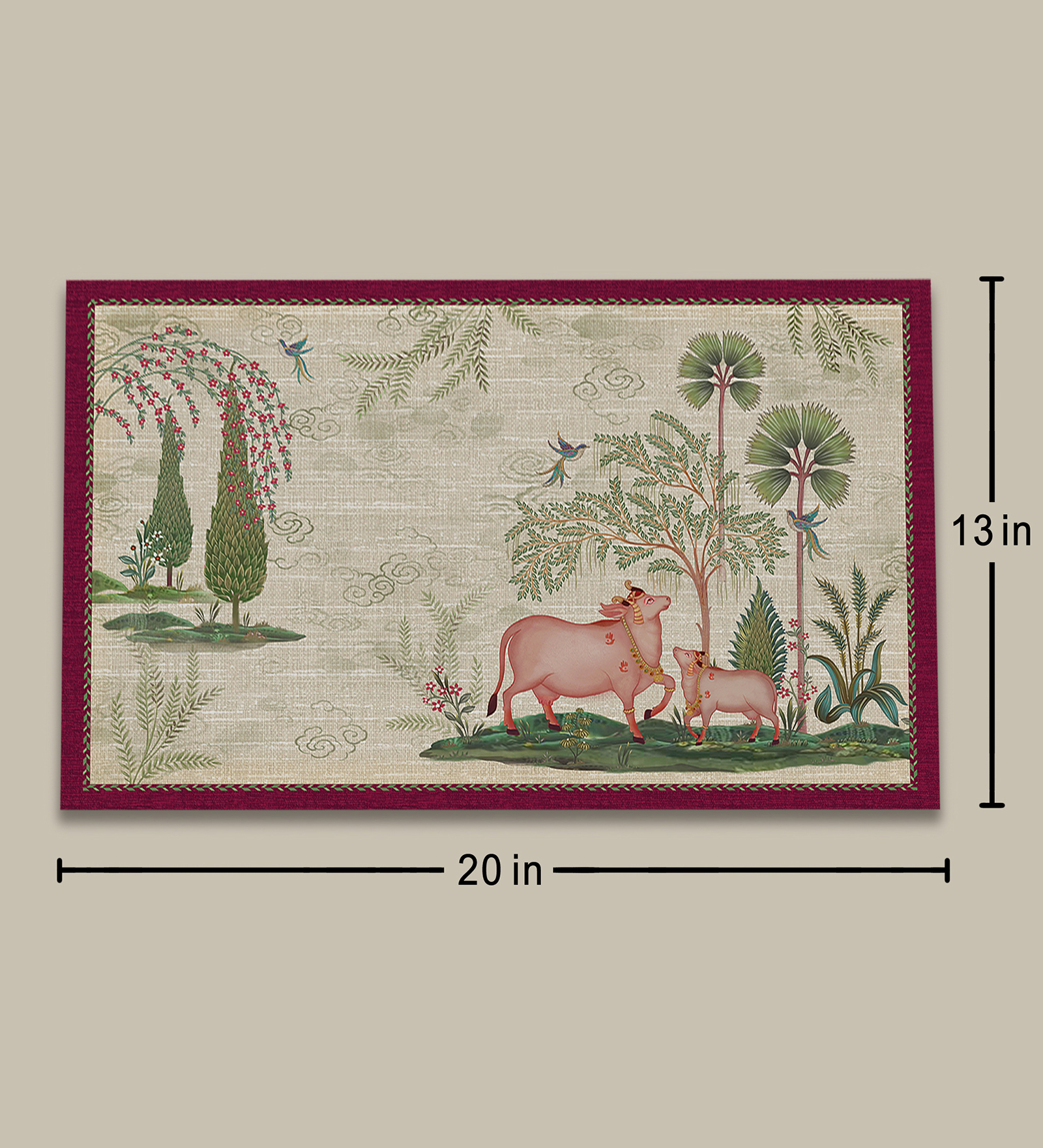Pichwai Nathdwara Velvet Table Mat - Beige Floral Design (Set of 2)