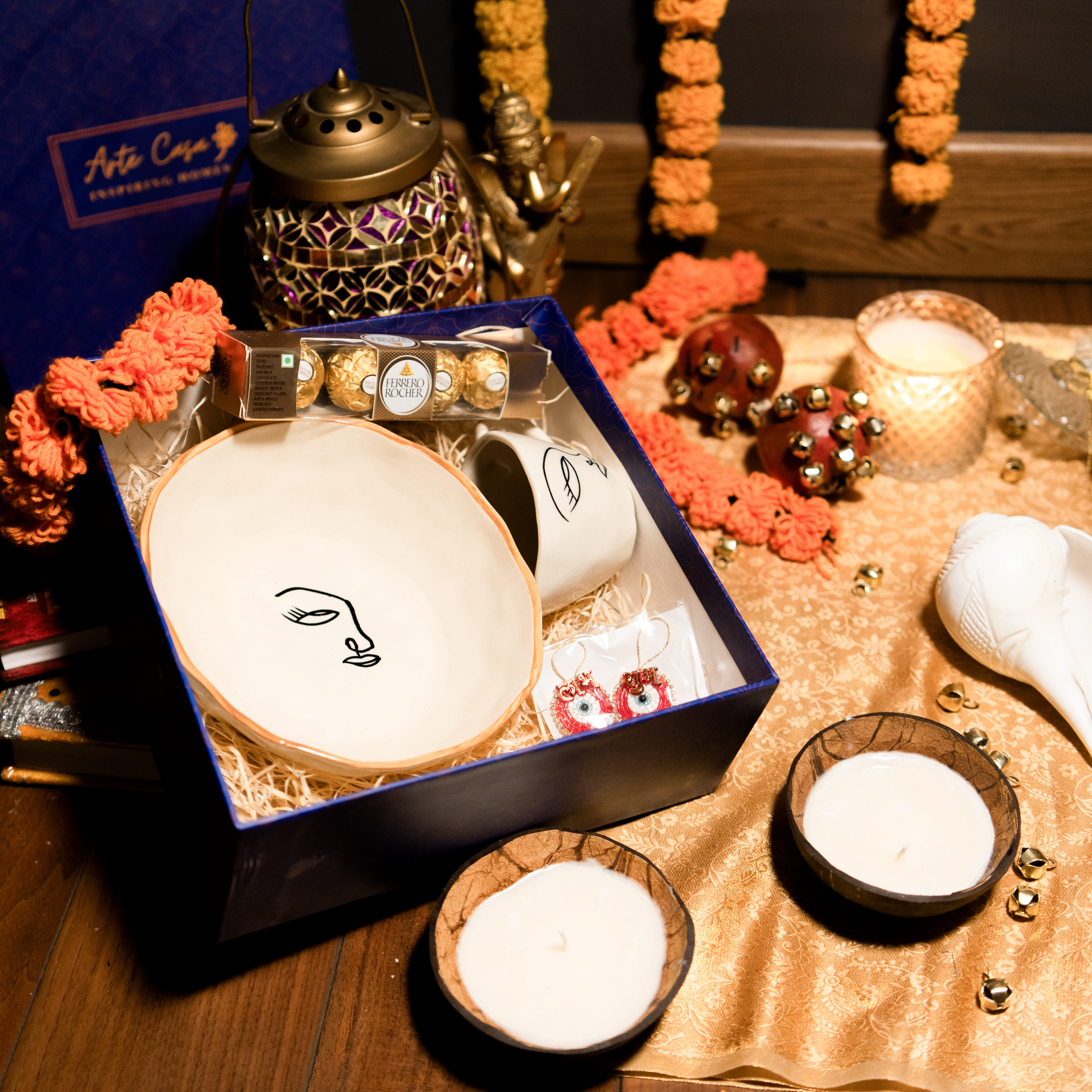 Arte Casa Abstract Harmony Diwali Gift Box - Bowl, Tea Cup, Subh Labh Hanging & Ferrero Rocher | Luxury Festival Gift
