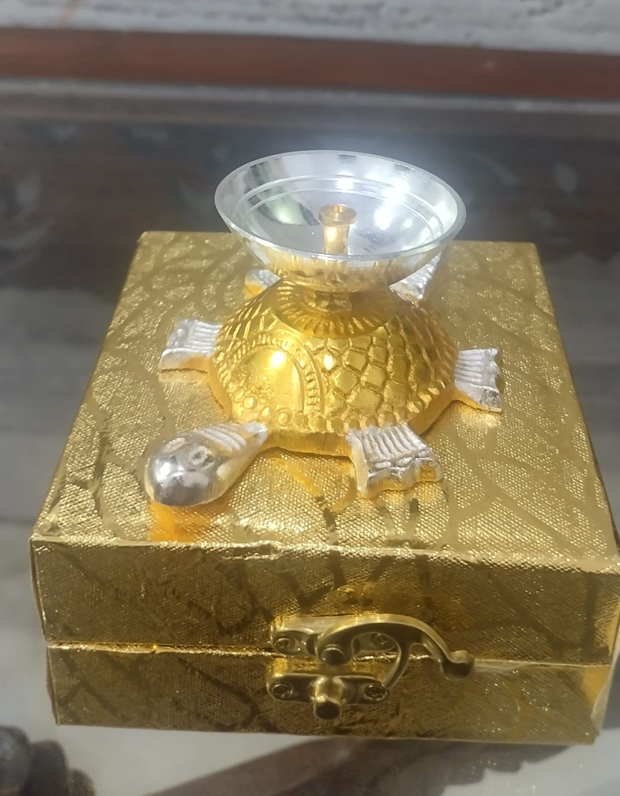 German Silver Turtle Diya in Golden Gift Box – Elegant Vastu & Festive Decor Piece