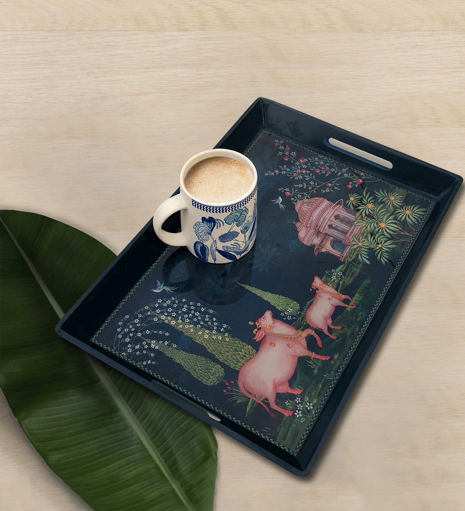 Preetier Pichwai Wooden Serving Tray – 40 x 29 cm