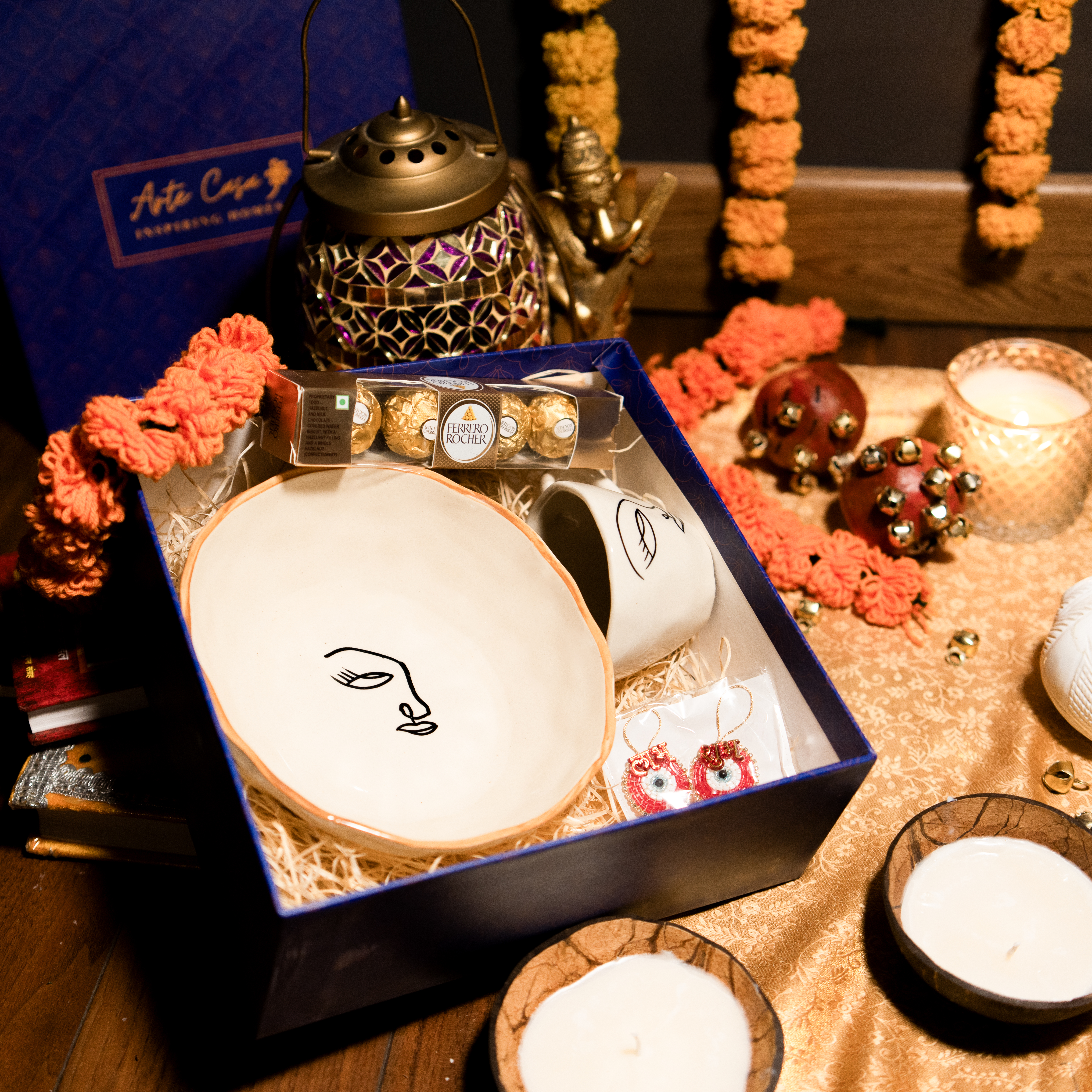 Arte Casa Abstract Harmony Diwali Gift Box - Bowl, Tea Cup, Subh Labh Hanging & Ferrero Rocher | Luxury Festival Gift