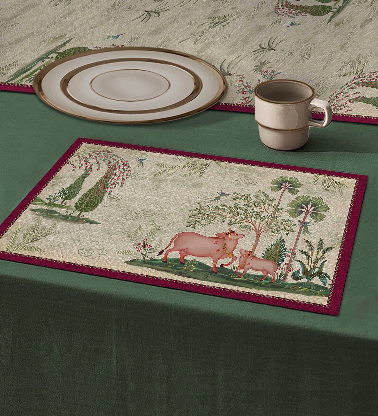Pichwai Nathdwara Velvet Table Mat - Beige Floral Design (Set of 2)