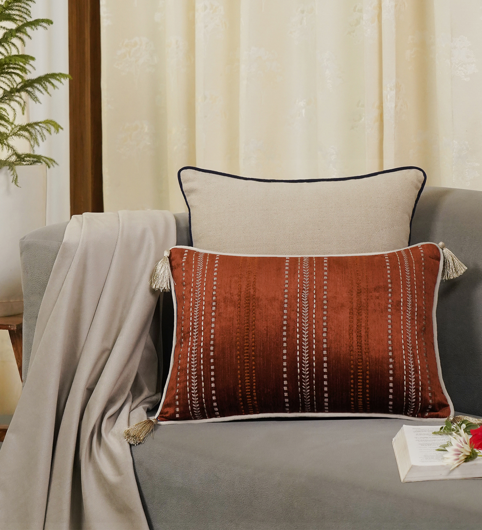 Joy Stitches Embroidery Slim Cushion – Luxury Velvet Decorative Pillow Cover