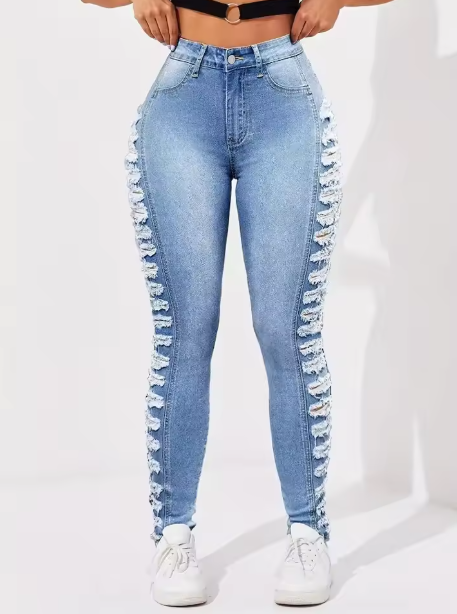 Women's fashionable washing light blue side layered ripped elastic slim fit and hip-retracted casual nine-point foot jeans