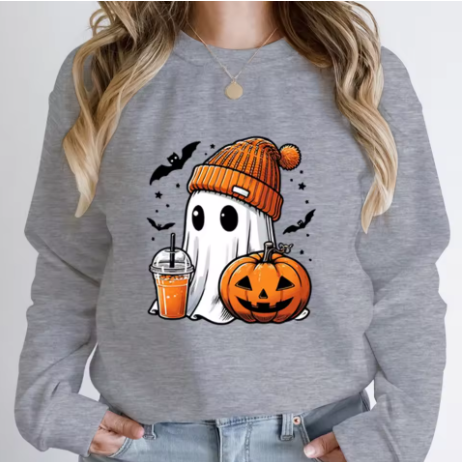 New Women Fashion Creative Halloween Ghost Pumpkin Bat Print Pullovers Ladies Long Sleeves Halloween Hoodeless Sweatshirts