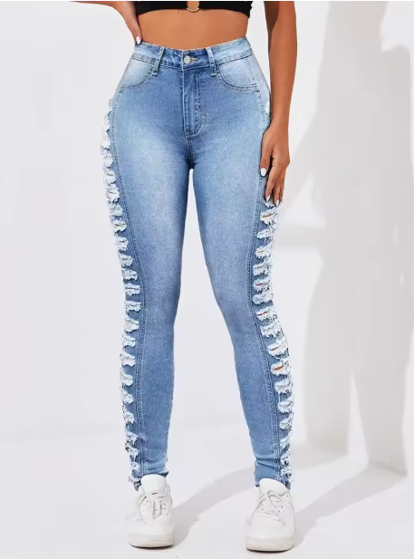 Women's fashionable washing light blue side layered ripped elastic slim fit and hip-retracted casual nine-point foot jeans