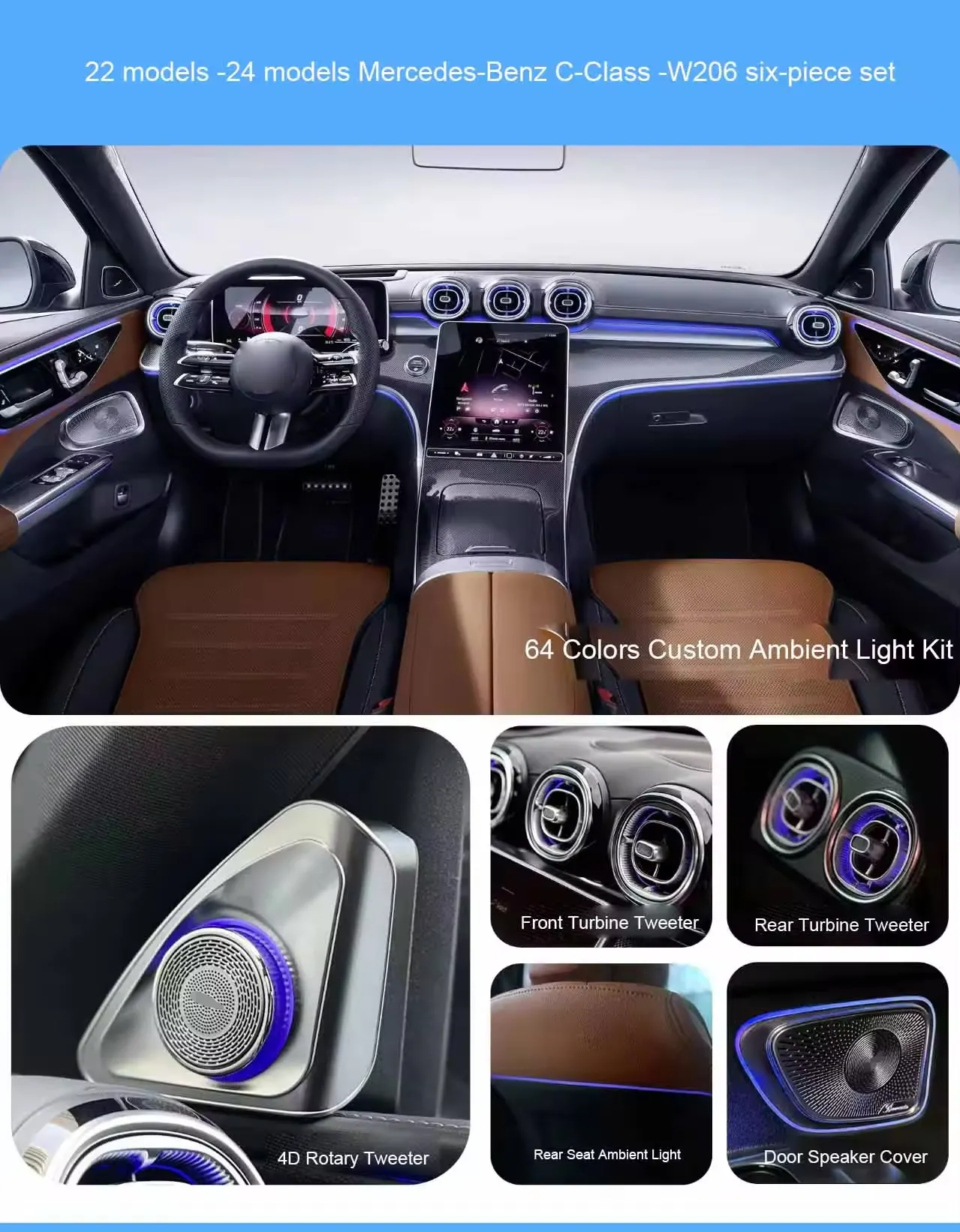 Upgrade 64 Colors LED Car Interior Ambient Lighting Kit for Mercedes Benz W206 2022+ Atmosphere Strip Accessories