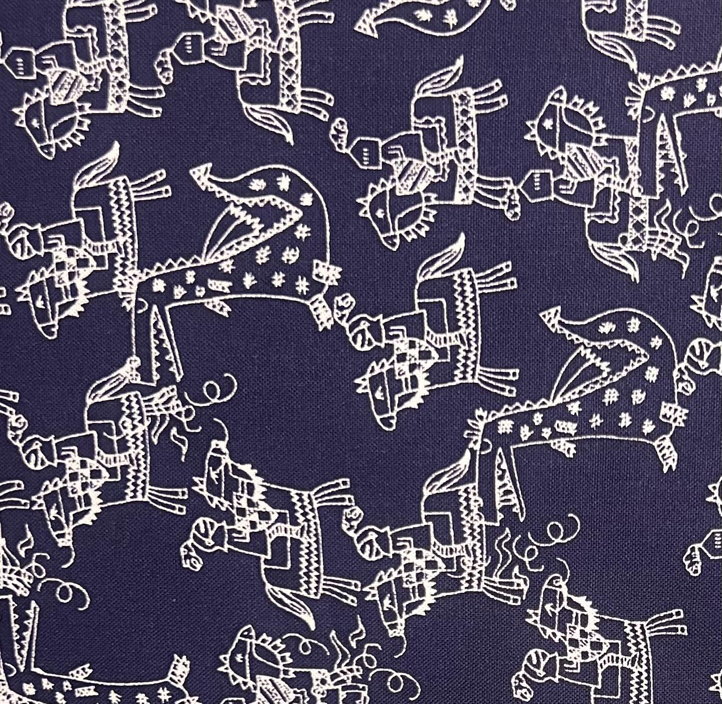 Dark Blue Background with White Knights and Dragons Cotton Fabric