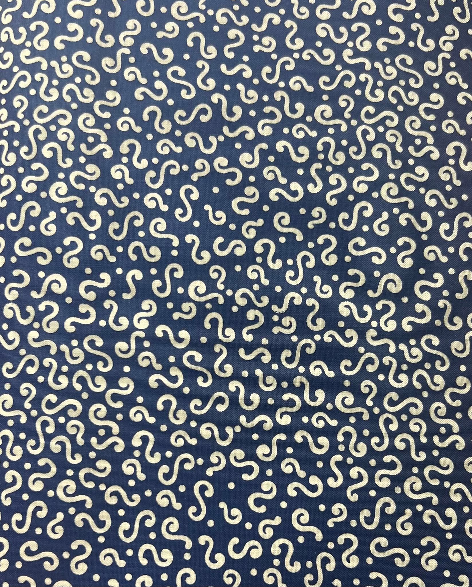 Dark Blue with White Curly Design Cotton Fabric 