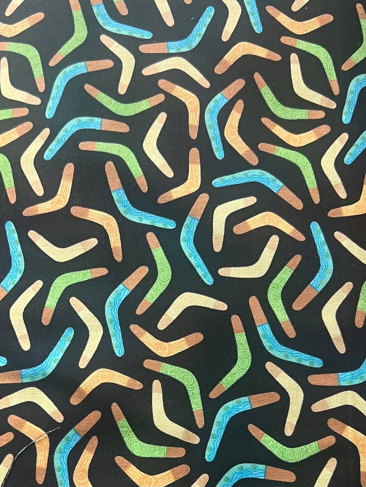 Black Fabric with Green, Yellow, Brown and Blue Boomerangs Cotton Fabric 
