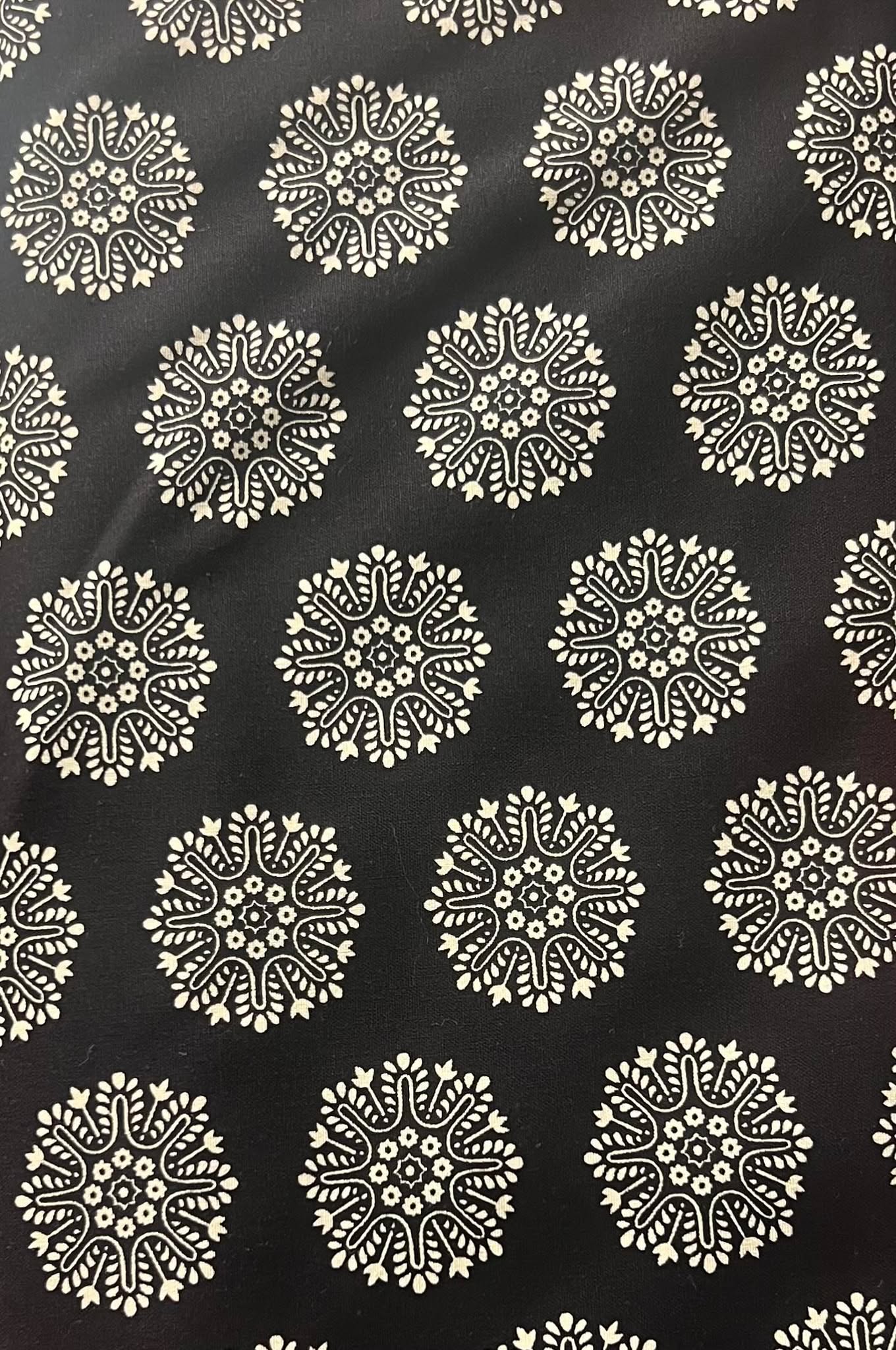 Black background with White Flower Cotton Fabric 